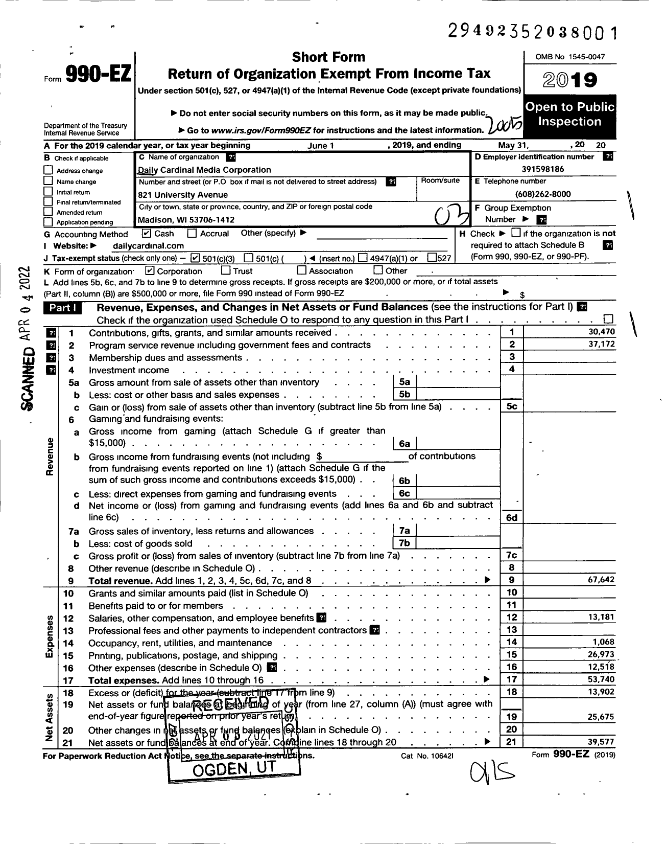 Image of first page of 2019 Form 990EZ for Daily Cardinal Media Corporation