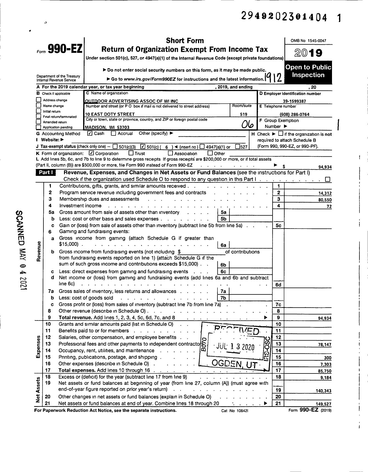 Image of first page of 2019 Form 990EO for Outdoor Advertising Association of Wisc
