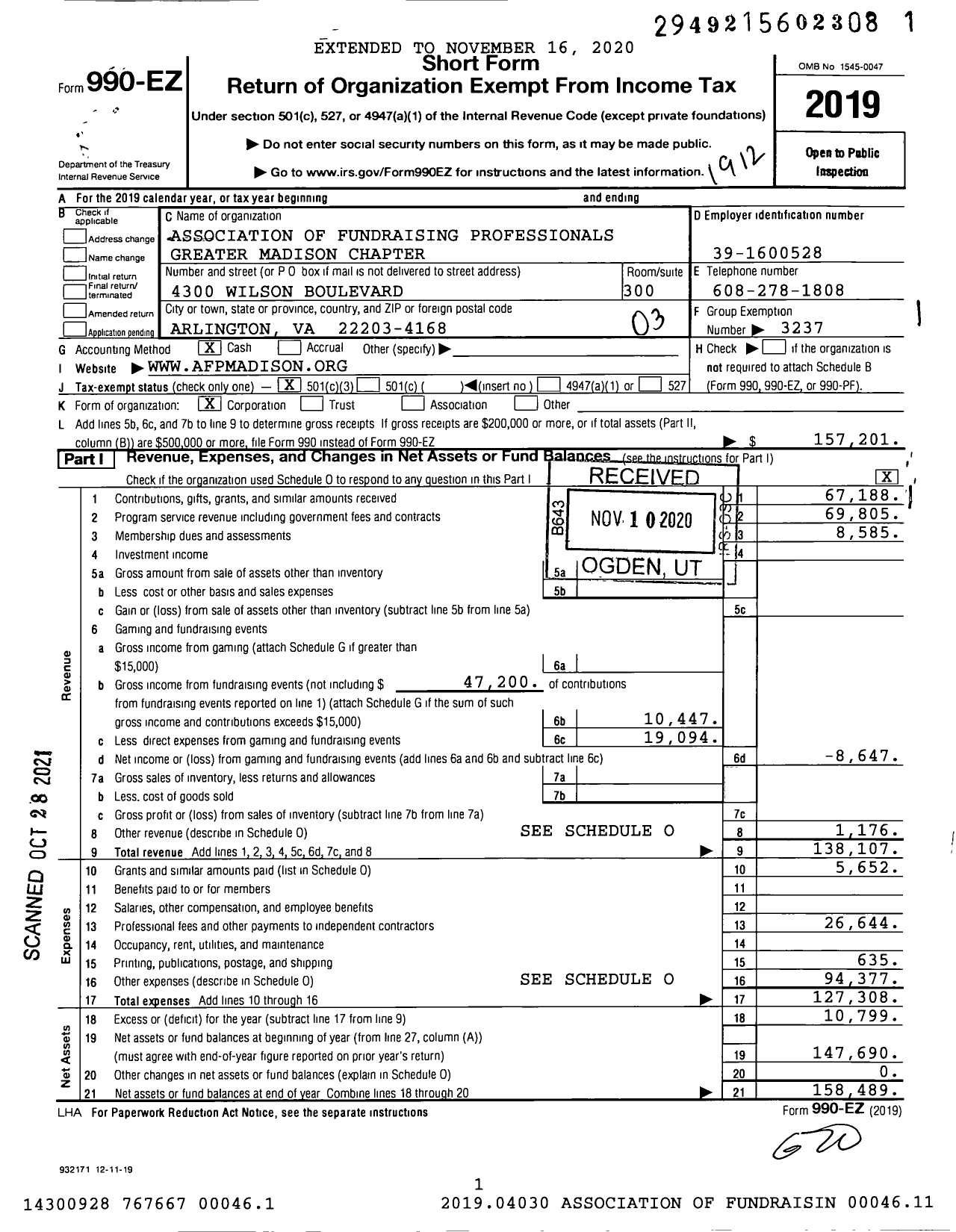 Image of first page of 2019 Form 990EZ for Association of Fundraising Professionals - Wi Greater Madison Chapter