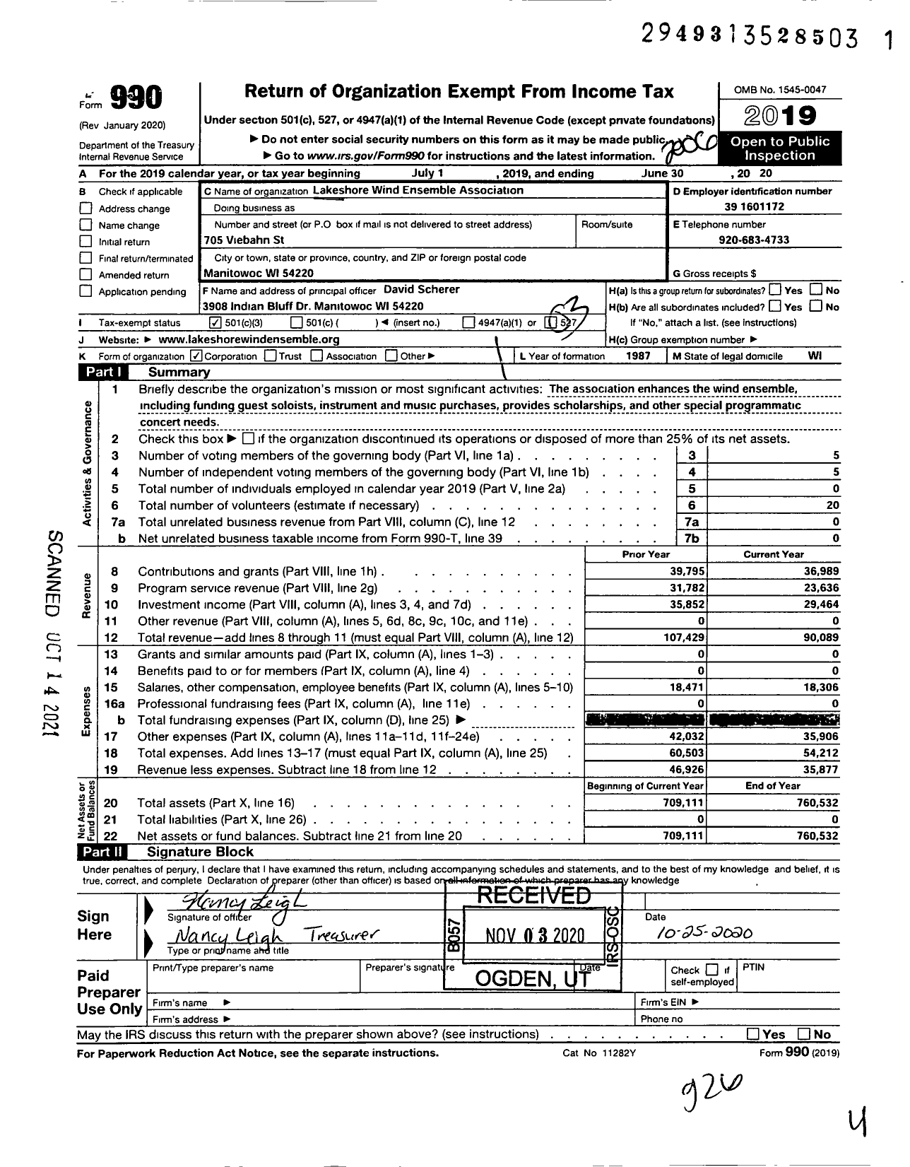 Image of first page of 2019 Form 990 for Lakeshore Wind Ensemble Association