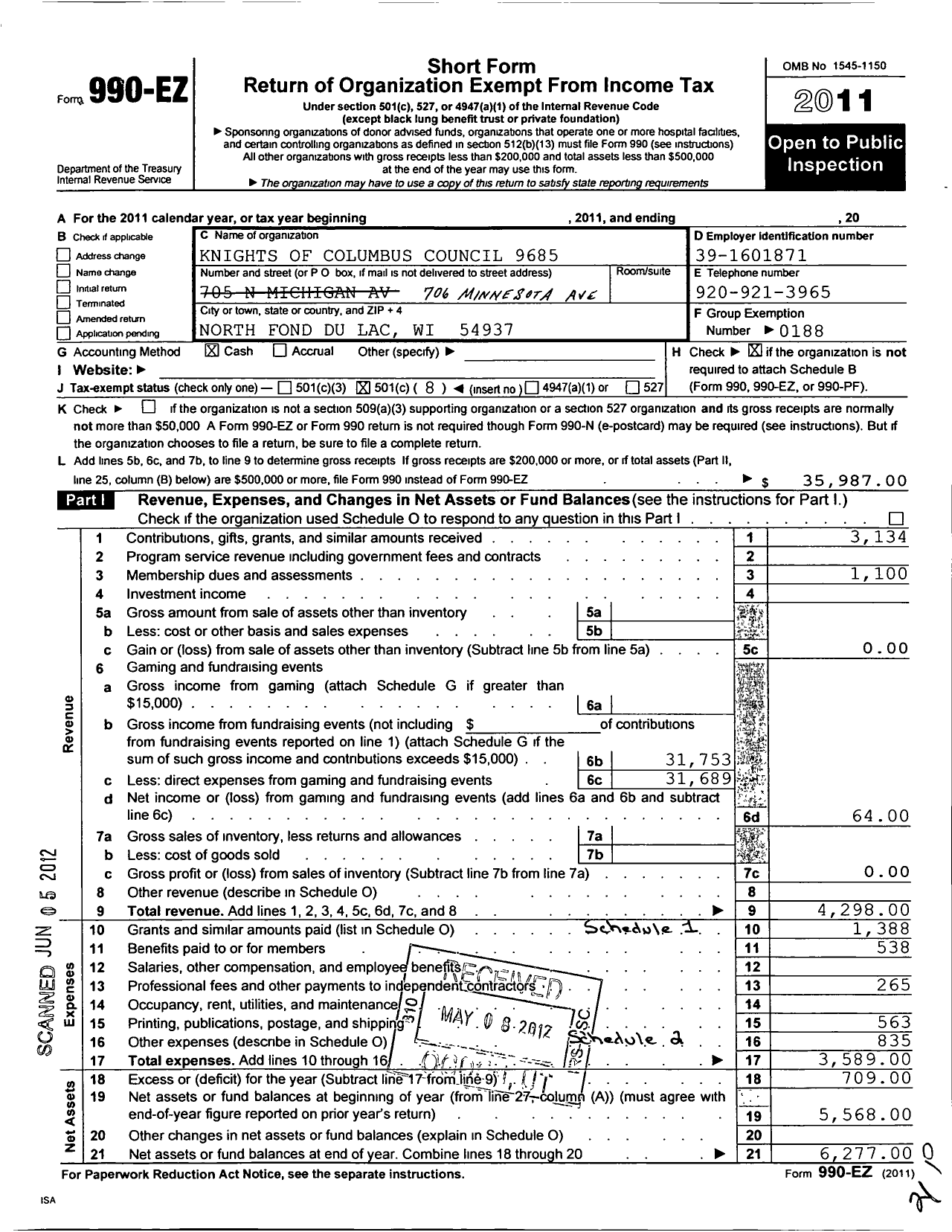 Image of first page of 2011 Form 990EO for Knights of Columbus