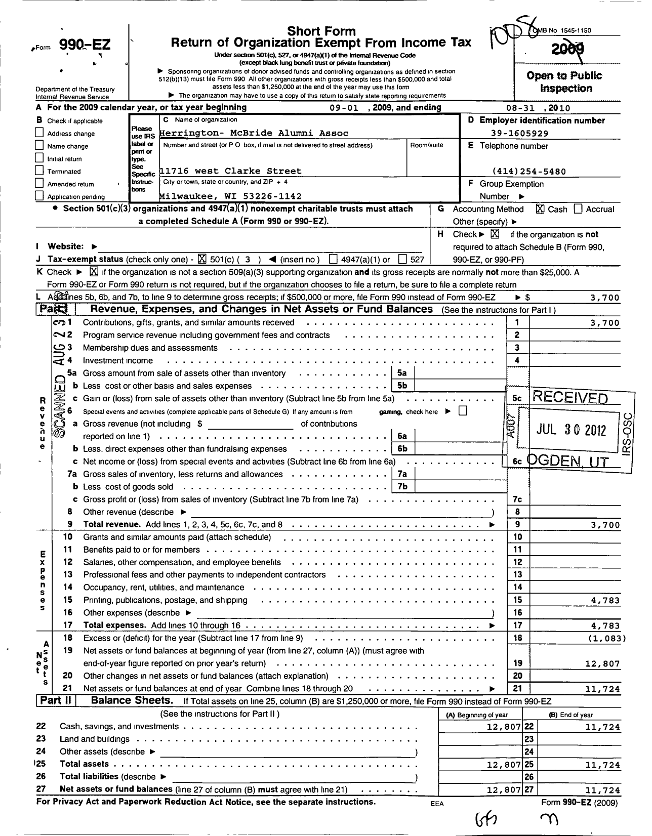 Image of first page of 2009 Form 990EZ for Herrington-Mcbride Alumni Association and Foundation