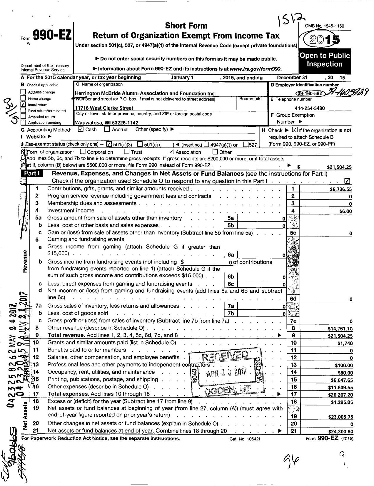 Image of first page of 2015 Form 990EZ for Herrington-Mcbride Alumni Association and Foundation