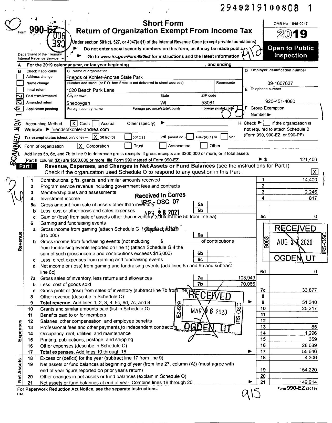 Image of first page of 2019 Form 990EZ for Friends of Kohler-Andrar State Park