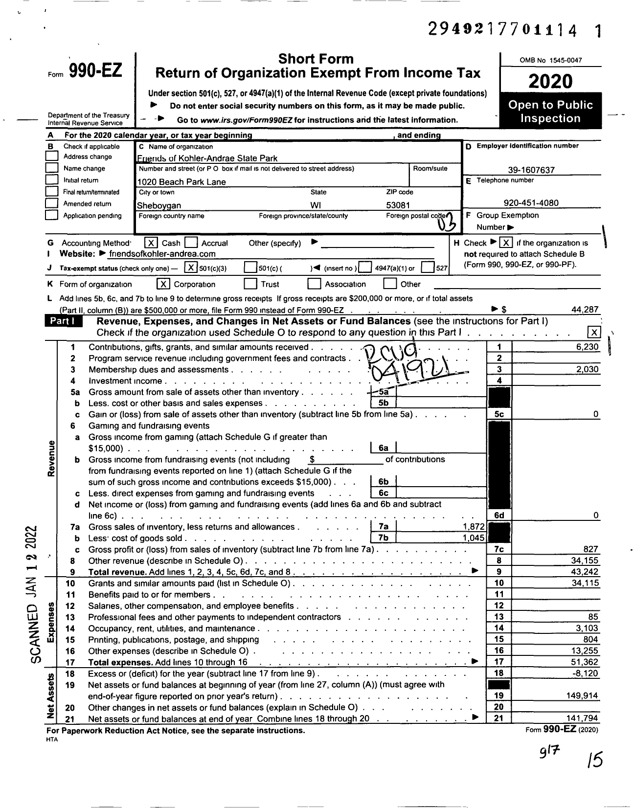 Image of first page of 2020 Form 990EZ for Friends of Kohler-Andrar State Park