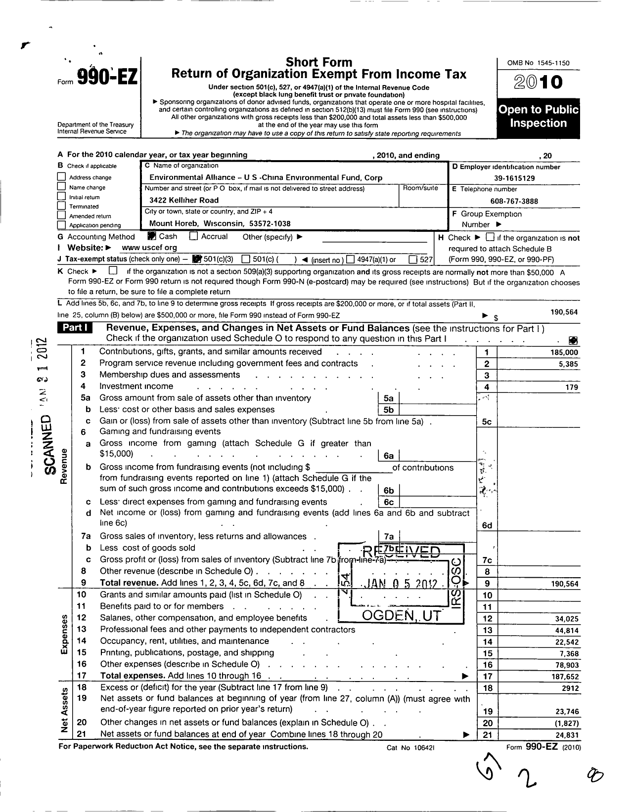 Image of first page of 2010 Form 990EZ for Environmental Alliance-Us-China Environmental Fund Corporation