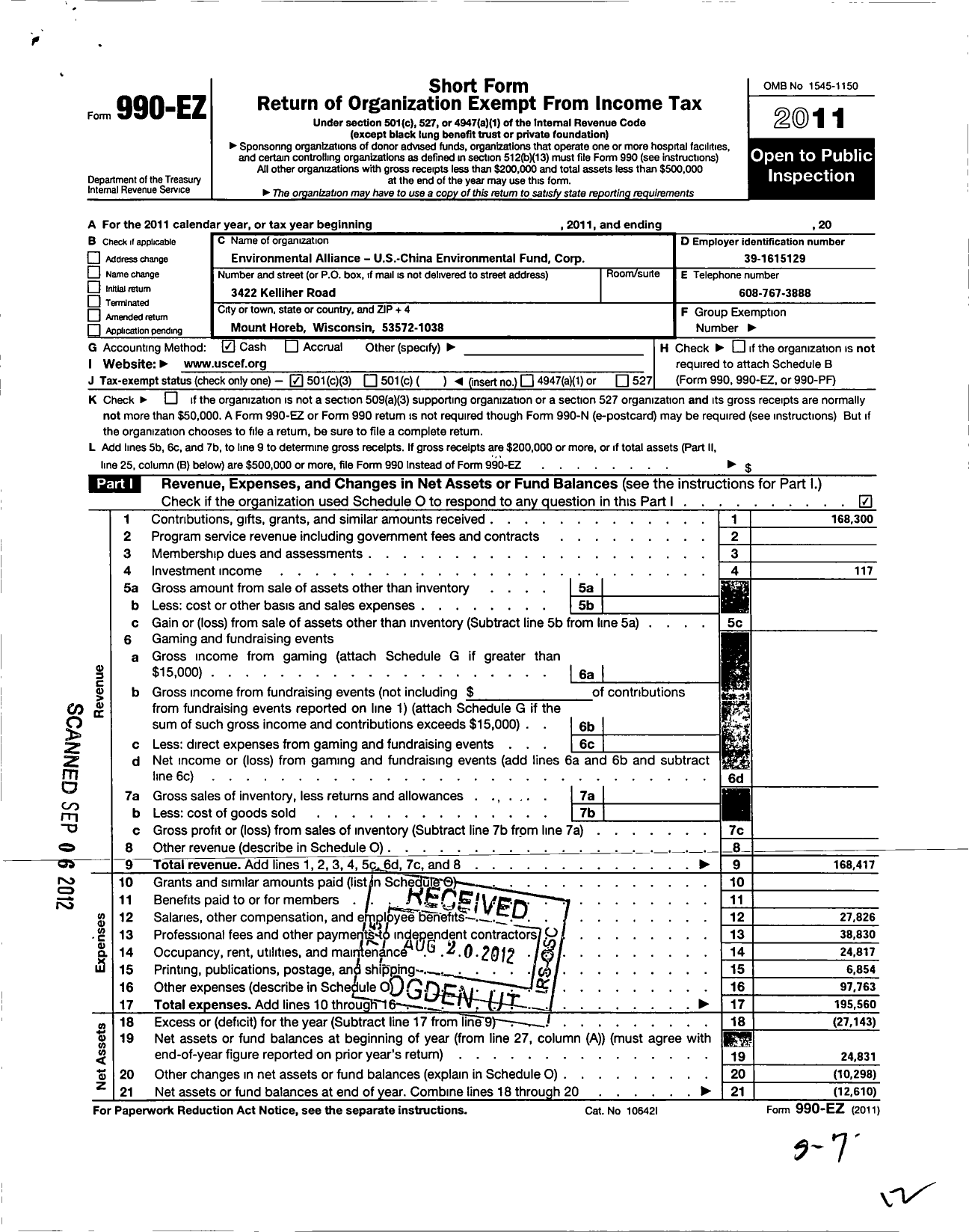 Image of first page of 2011 Form 990EZ for Environmental Alliance-Us-China Environmental Fund Corporation