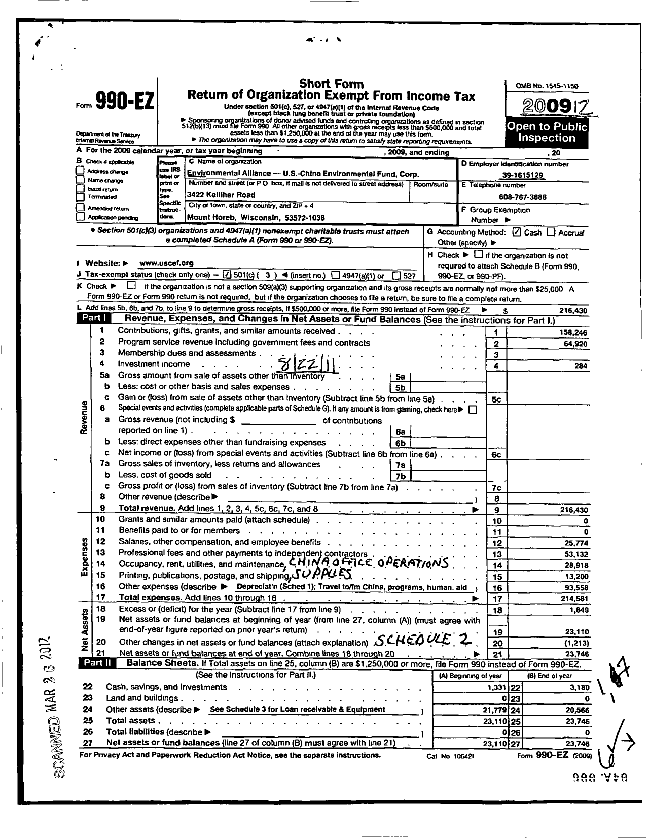 Image of first page of 2009 Form 990EZ for Environmental Alliance-Us-China Environmental Fund Corporation