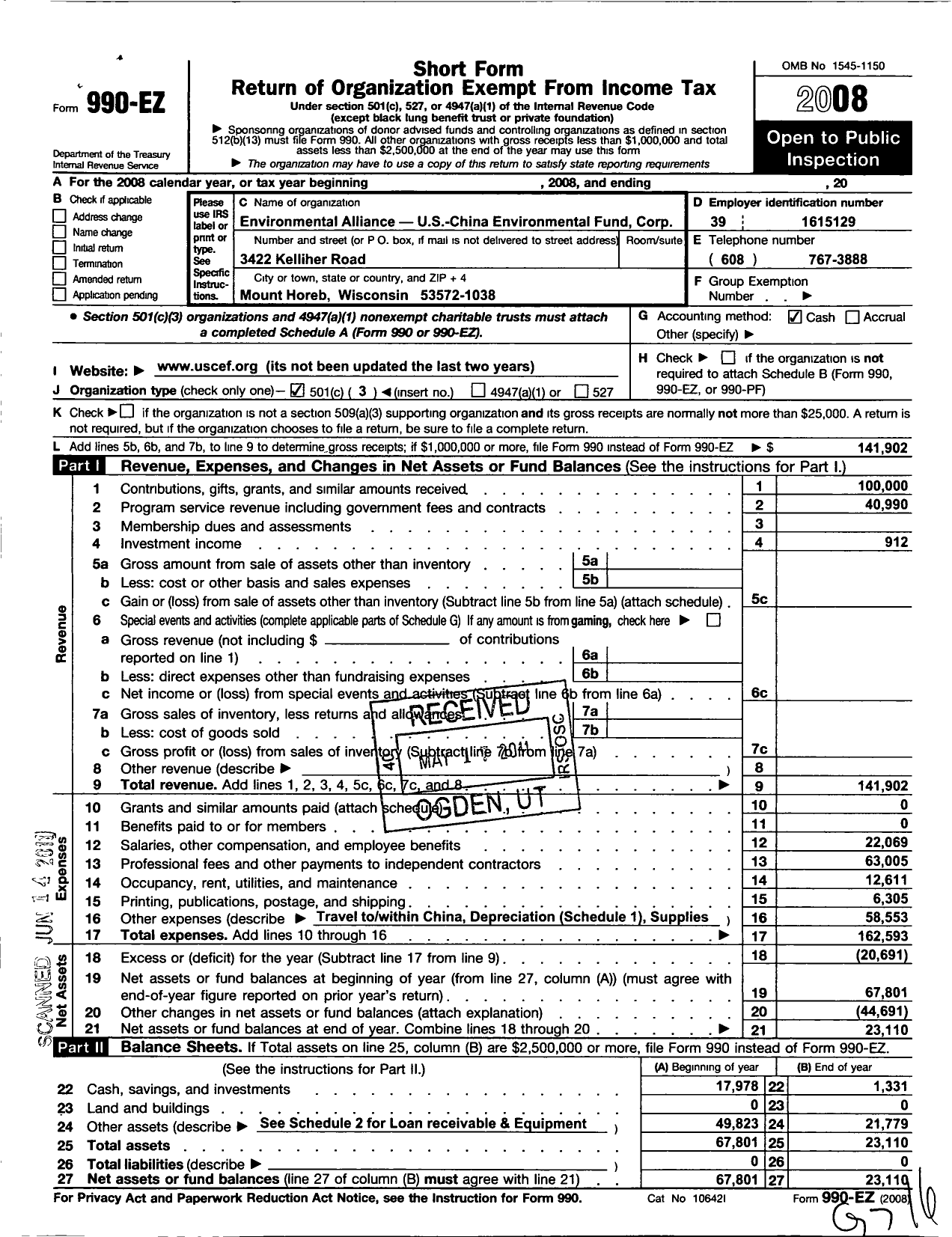 Image of first page of 2008 Form 990EZ for Environmental Alliance-Us-China Environmental Fund Corporation