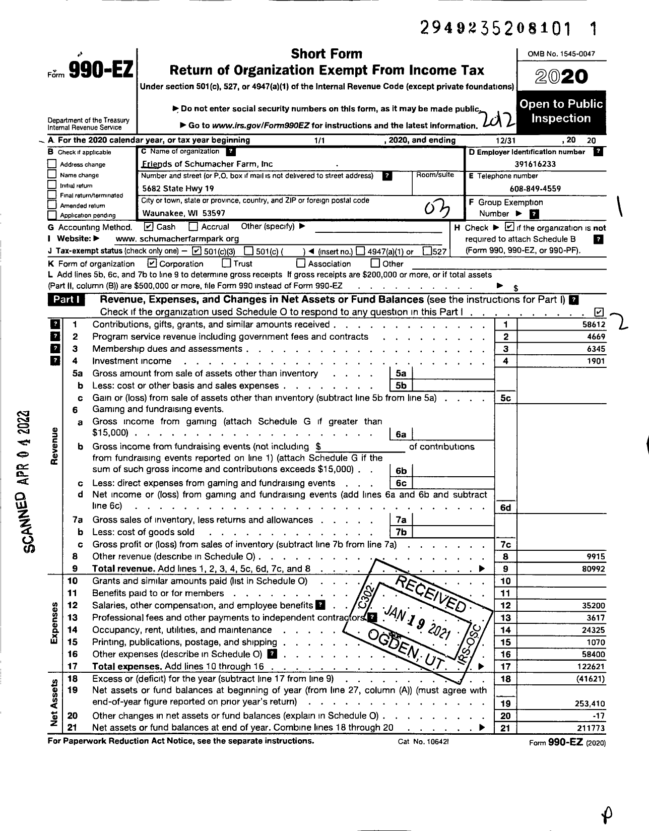 Image of first page of 2020 Form 990EZ for Friends of Schumacher Farm