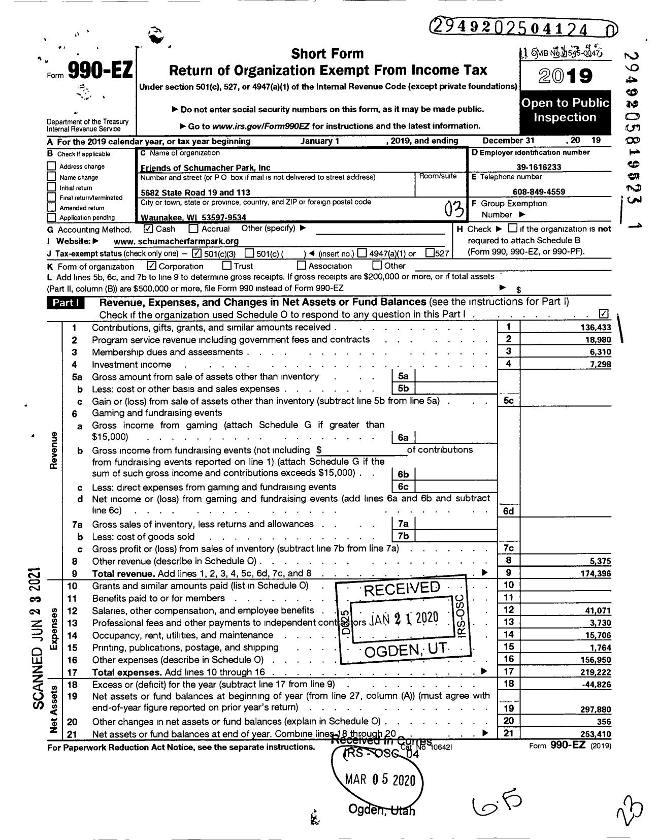 Image of first page of 2019 Form 990EZ for Friends of Schumacher Farm