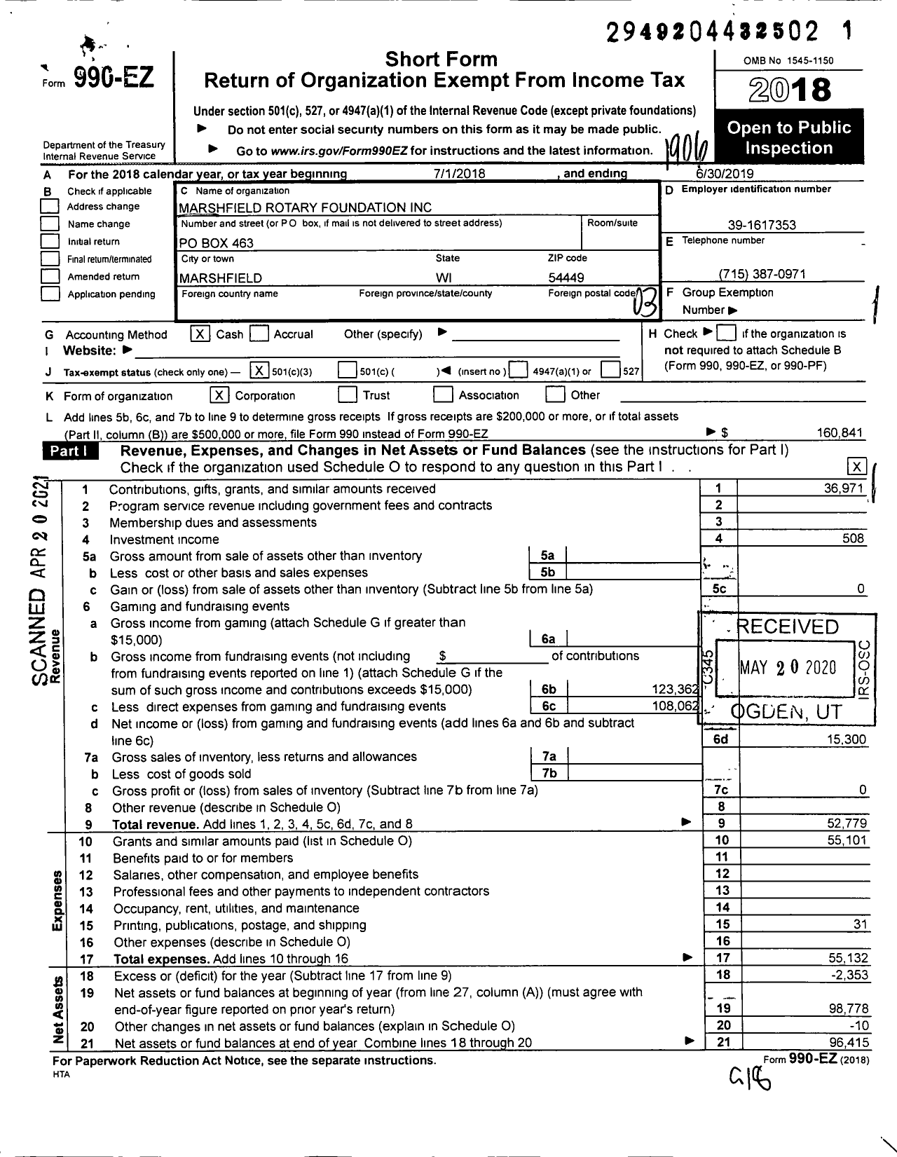 Image of first page of 2018 Form 990EZ for Marshfield Rotary Foundation