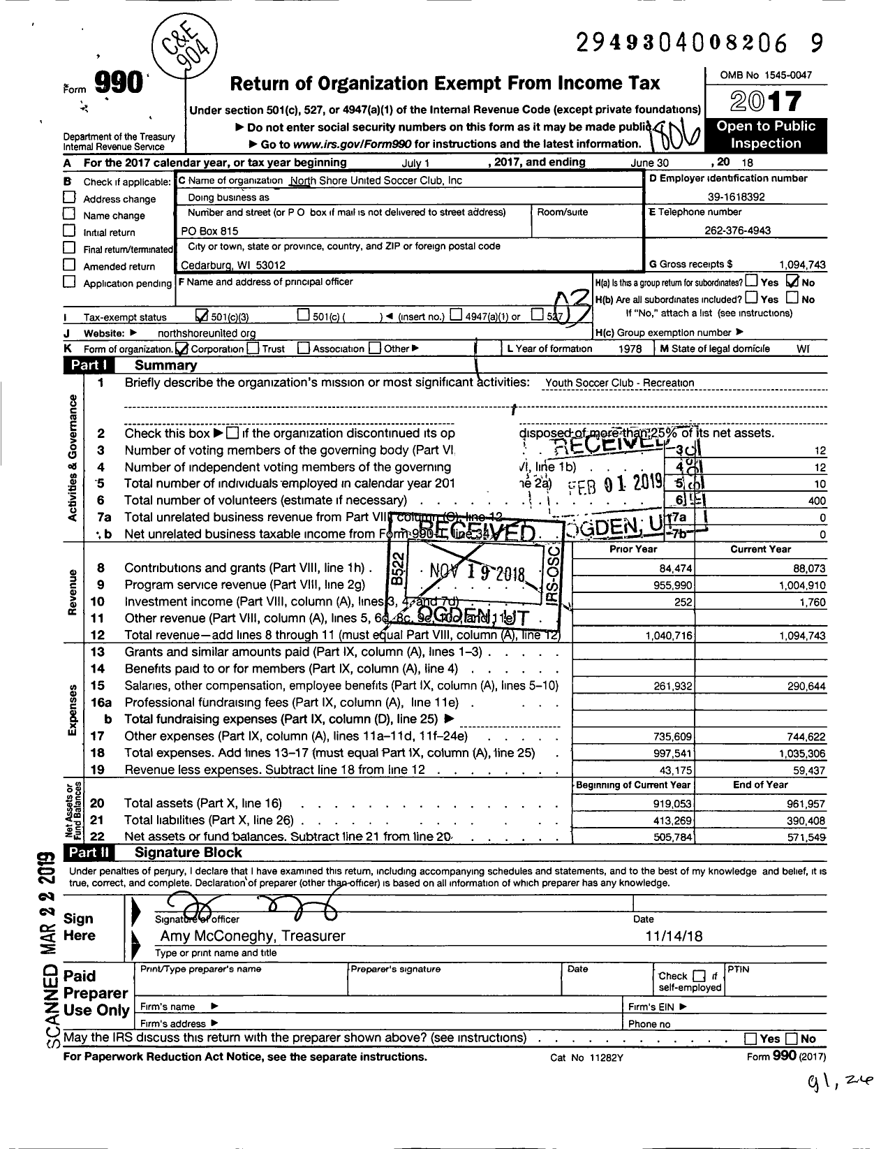 Image of first page of 2017 Form 990 for North Shore United Soccer Club