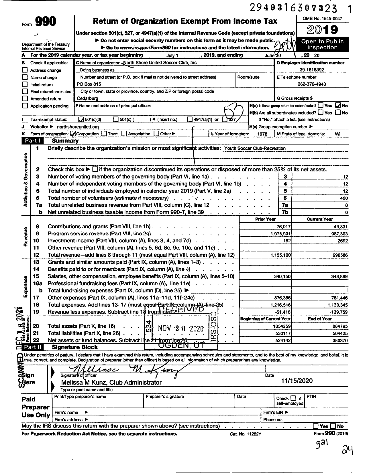 Image of first page of 2019 Form 990 for North Shore United Soccer Club