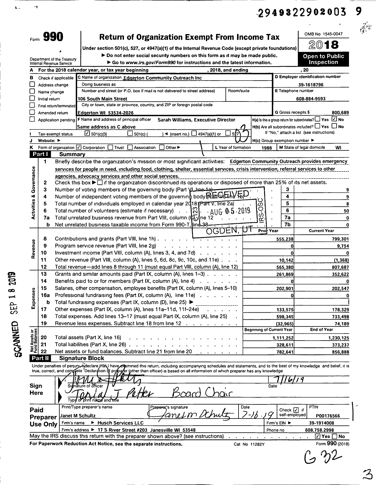 Image of first page of 2018 Form 990 for Edgerton Community Outreach