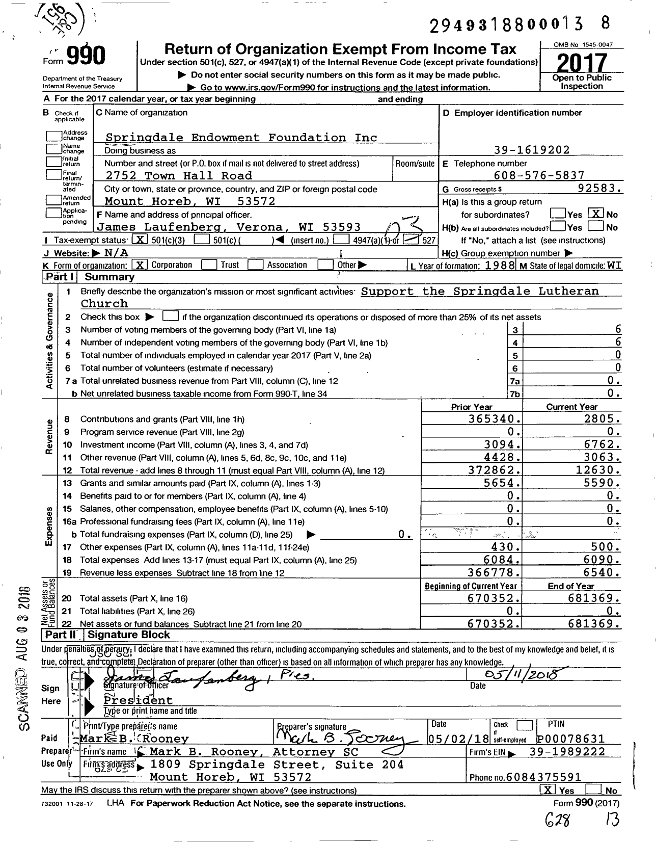 Image of first page of 2017 Form 990 for Springdale Endowment Foundation