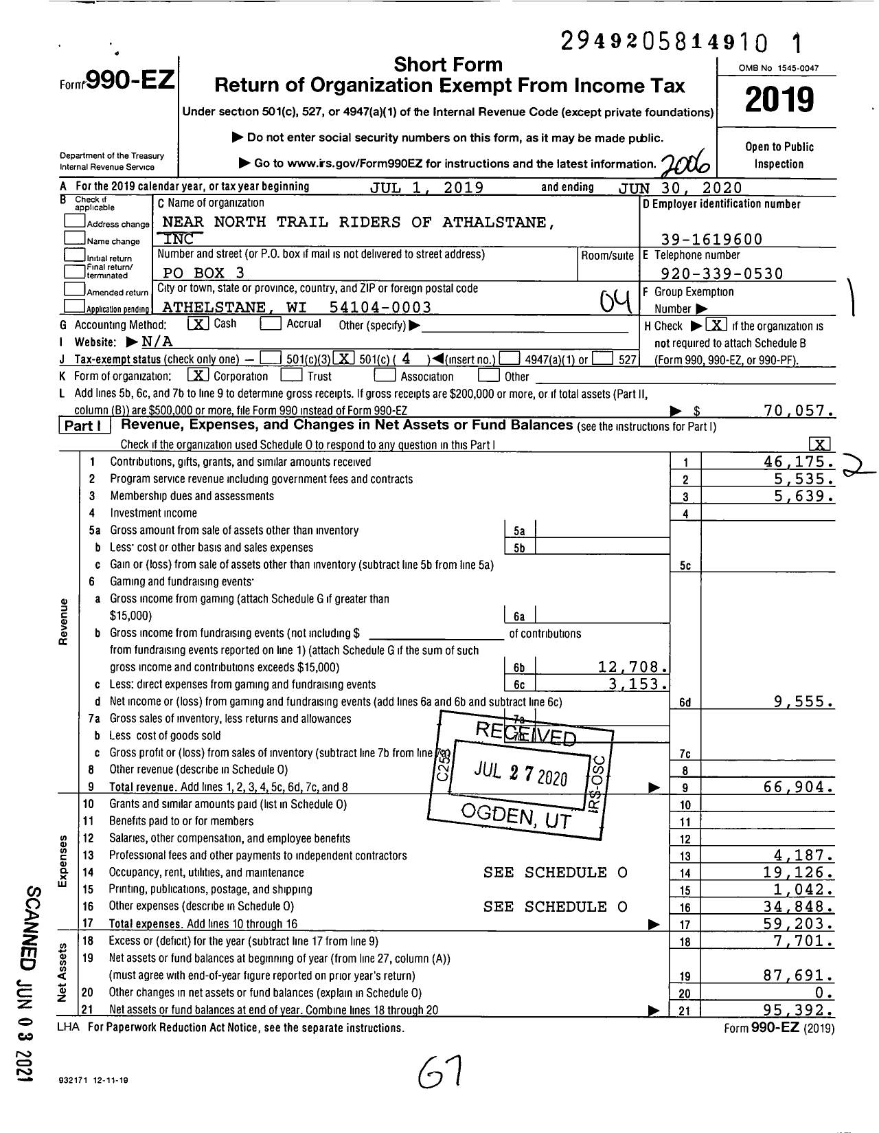 Image of first page of 2019 Form 990EO for Near North Trail Riders of Athalstane