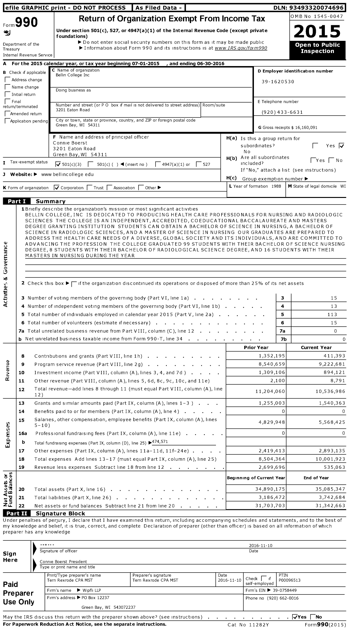 Image of first page of 2015 Form 990 for Bellin College