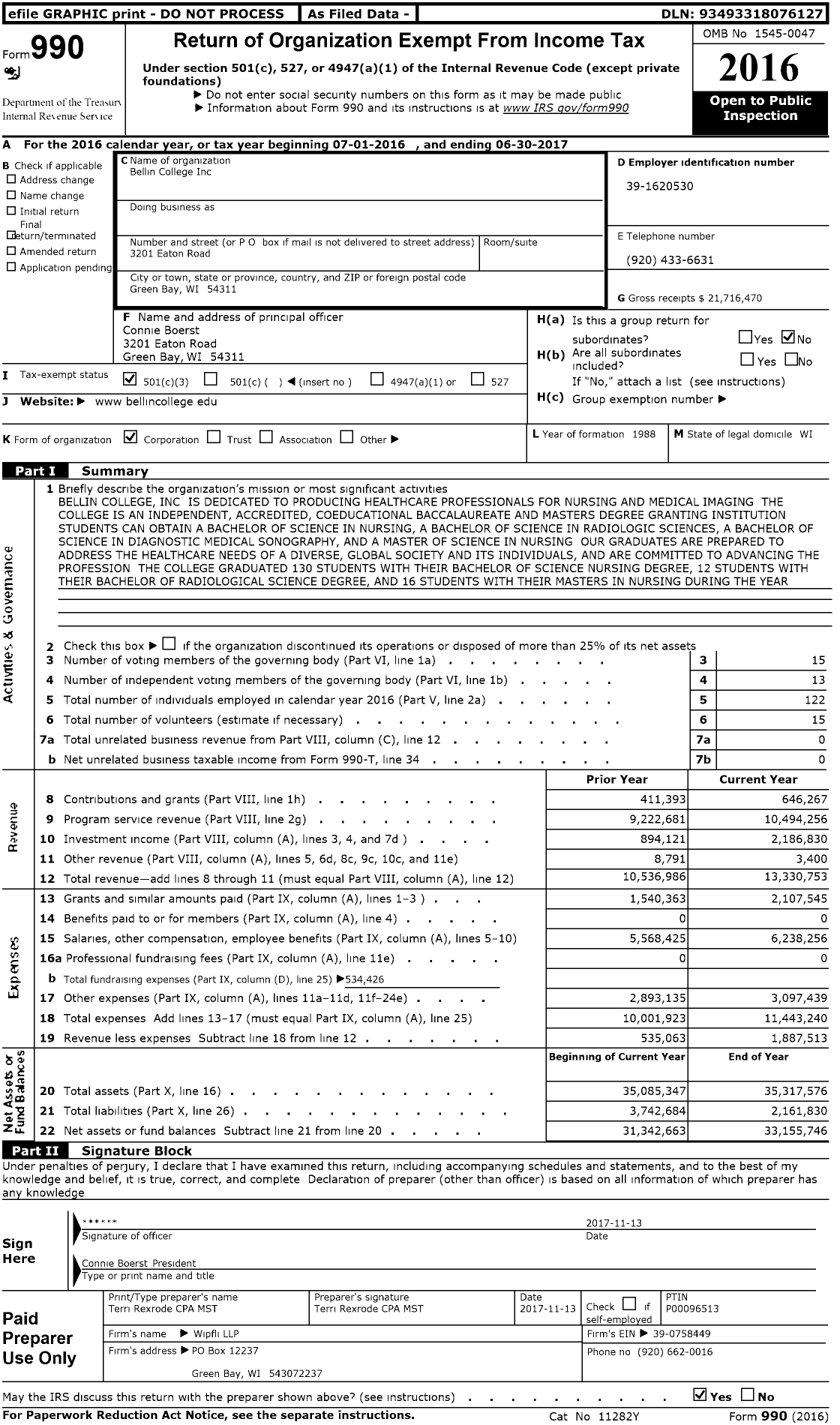 Image of first page of 2016 Form 990 for Bellin College