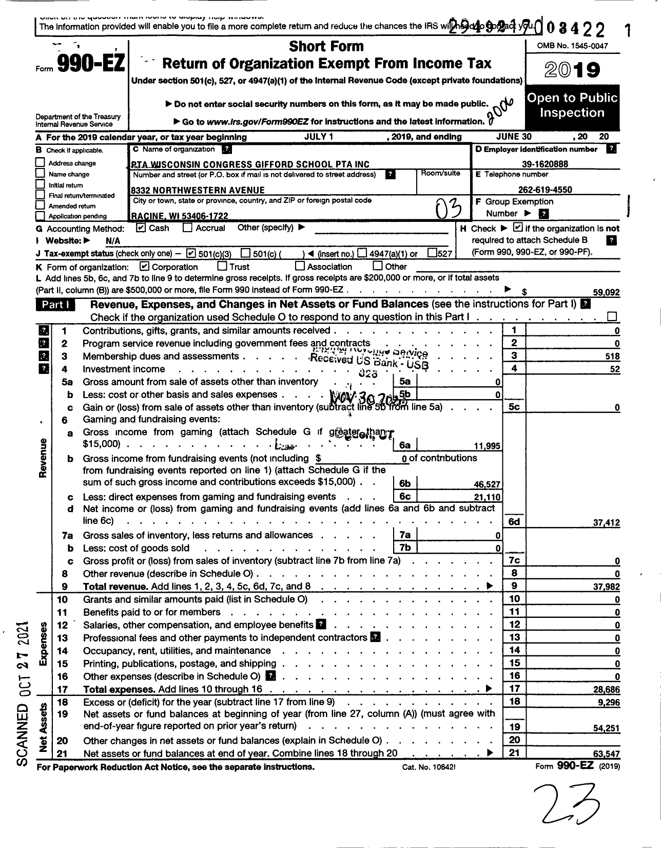 Image of first page of 2019 Form 990EZ for PTA Wiconsin Congress