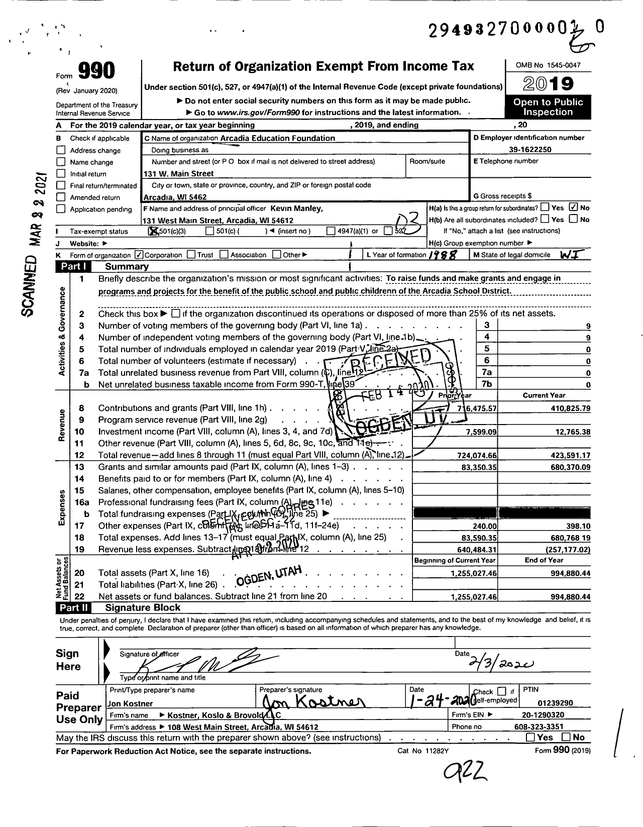 Image of first page of 2019 Form 990 for Arcadia Education Foundation