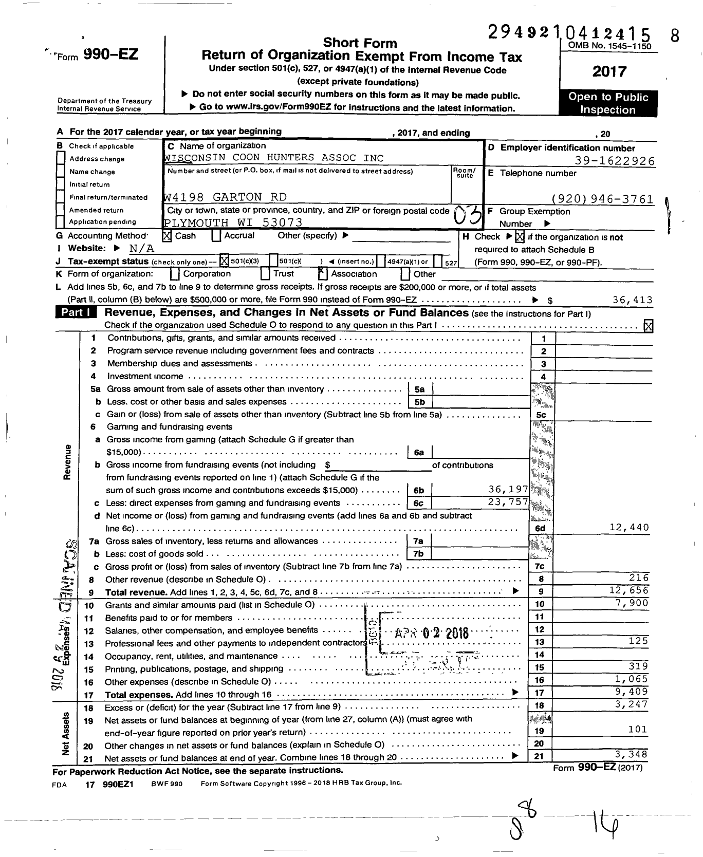 Image of first page of 2017 Form 990EZ for Wisconsin Coon Hunters Association