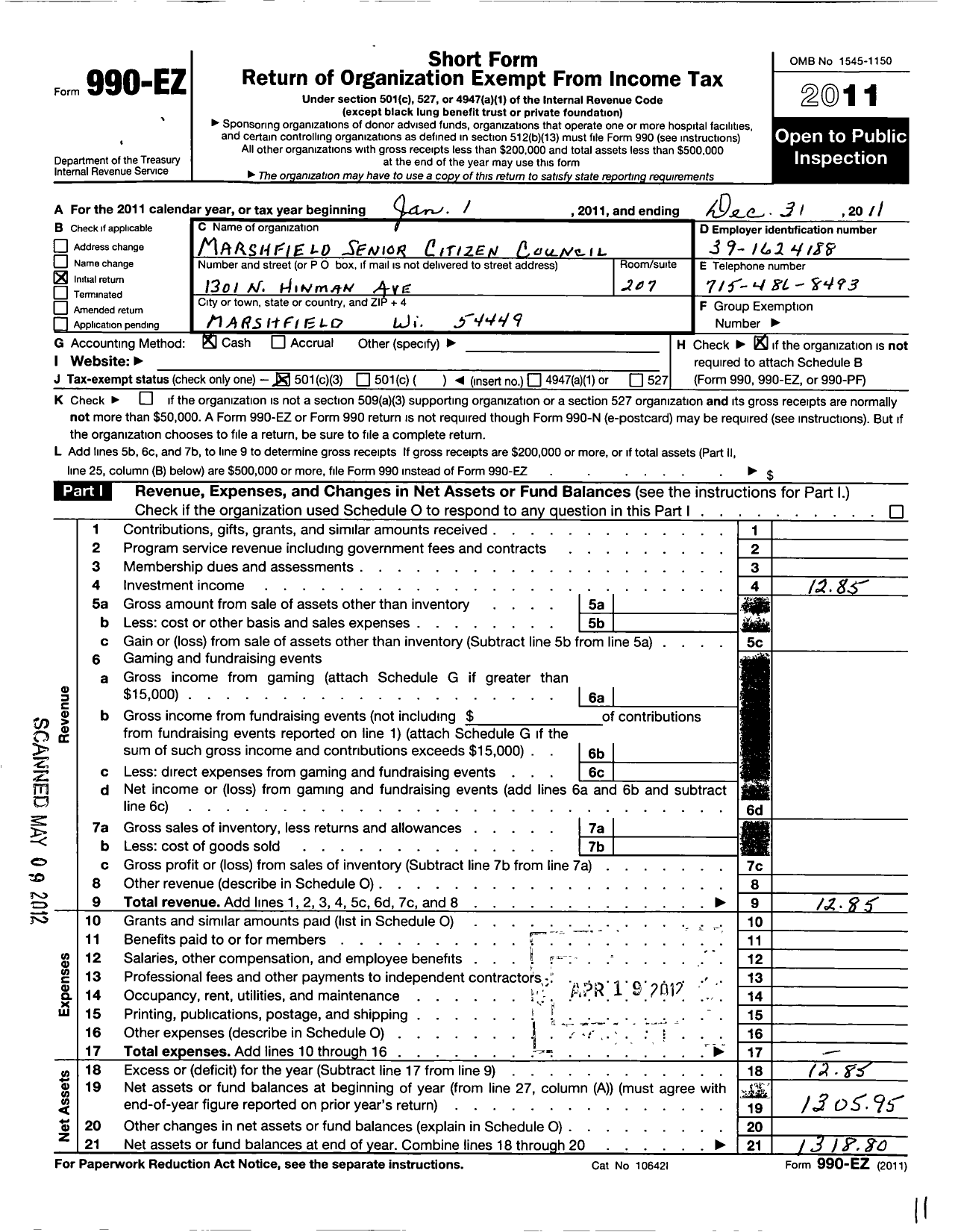 Image of first page of 2011 Form 990EZ for Marshfield Senior Citizens Council