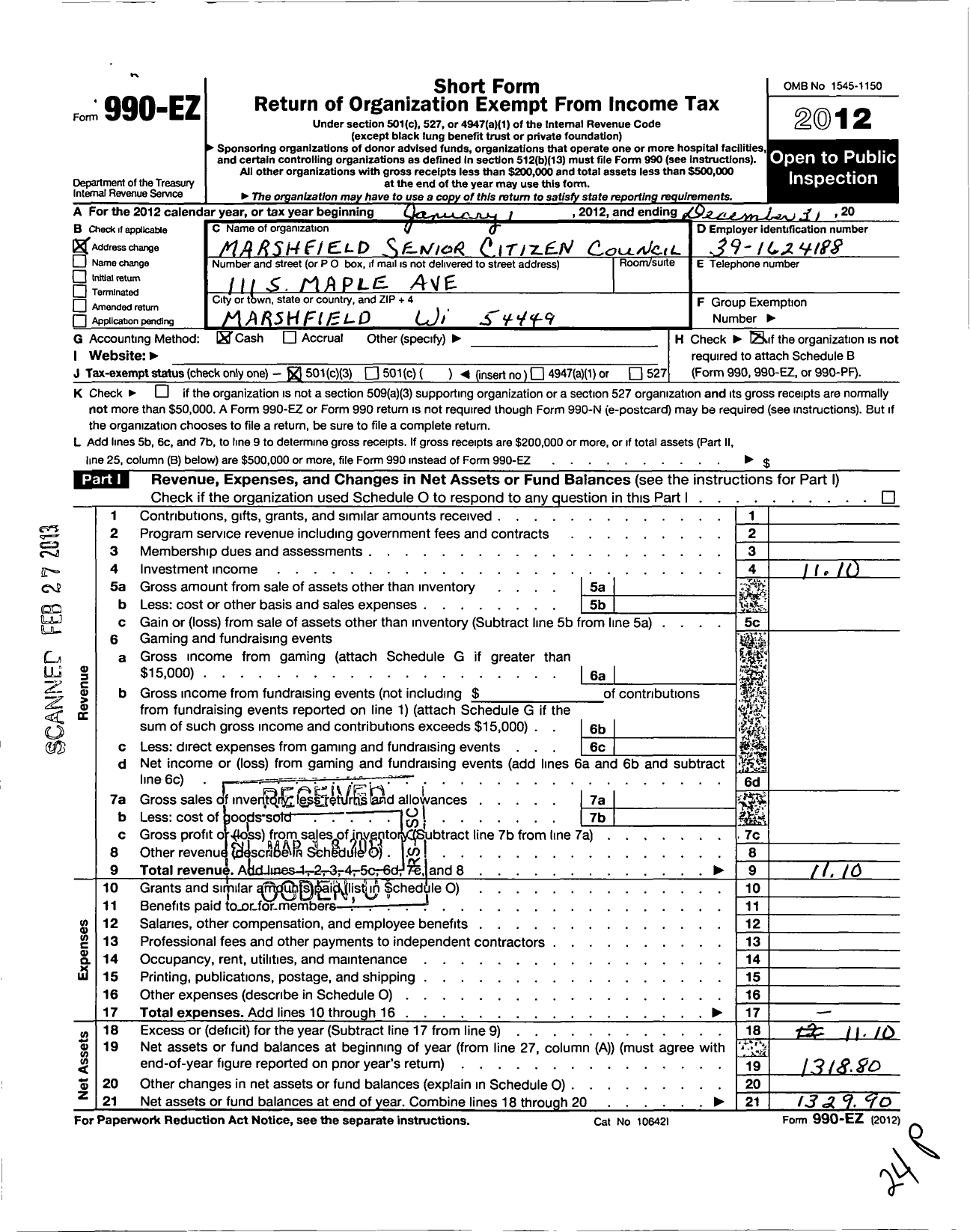 Image of first page of 2012 Form 990EZ for Marshfield Senior Citizens Council