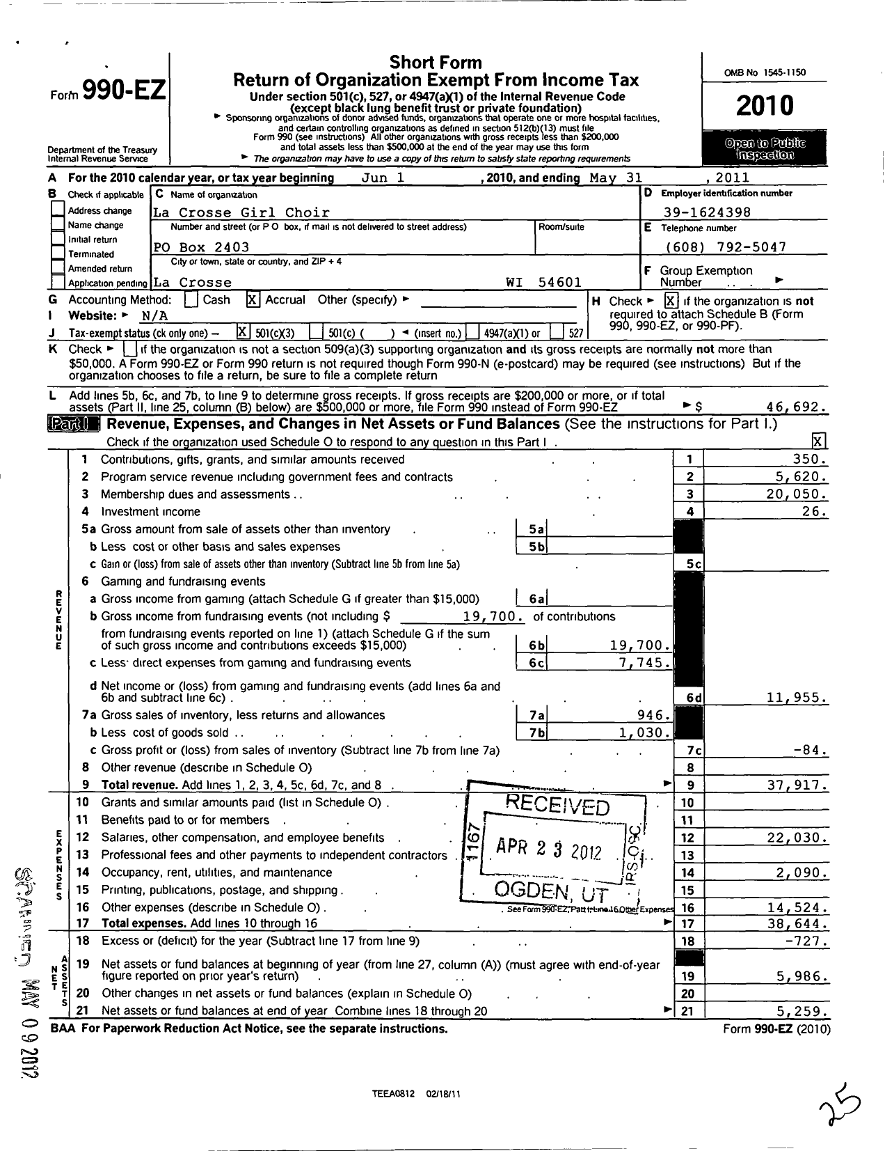 Image of first page of 2010 Form 990EZ for La Crosse Girlchoir