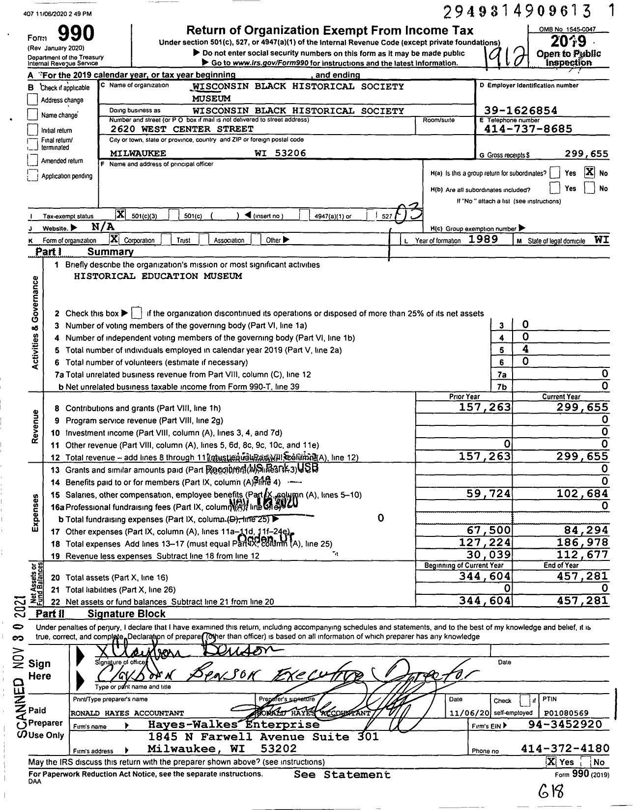 Image of first page of 2019 Form 990 for Wisconsin Black Historical Society