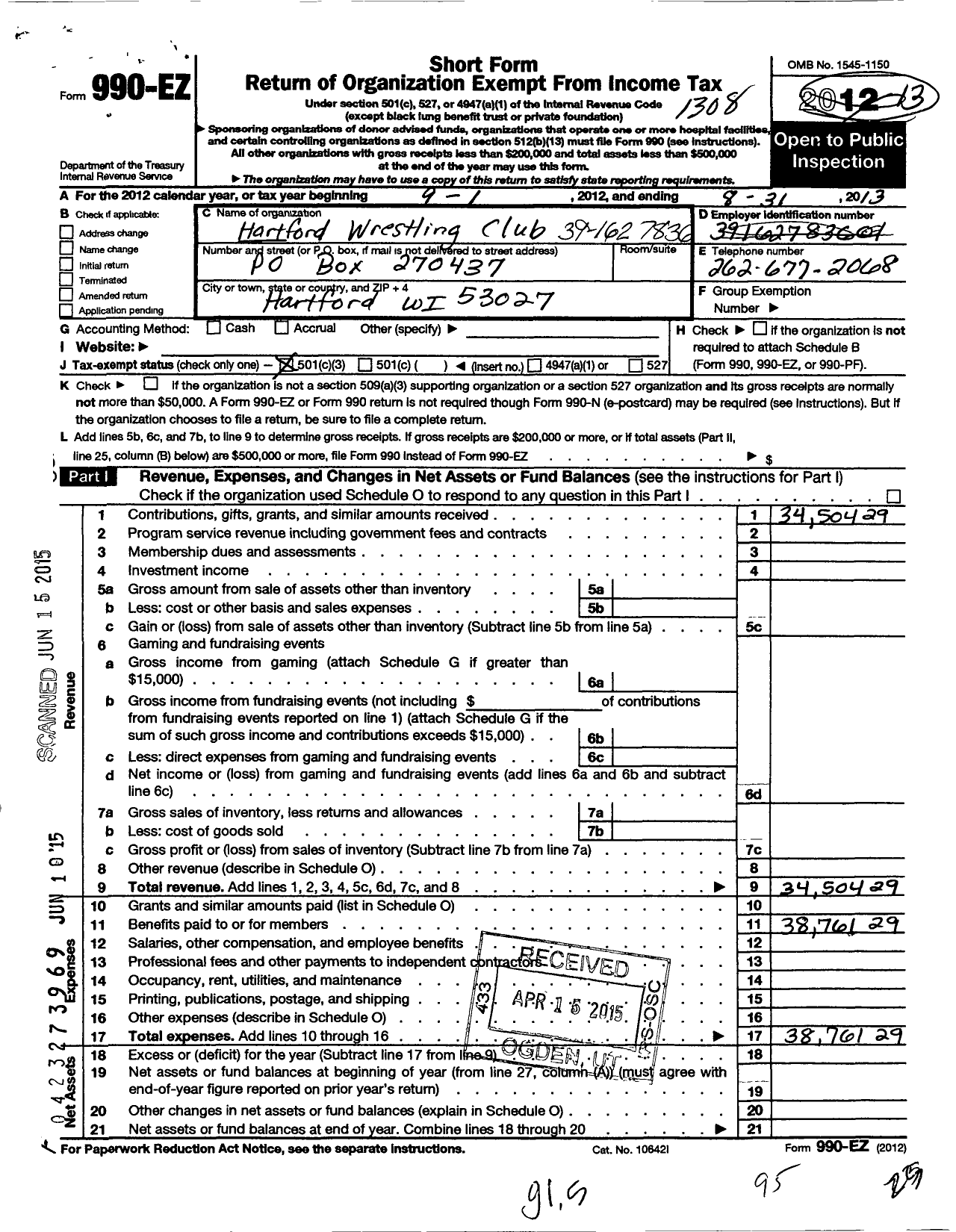 Image of first page of 2012 Form 990EZ for Hartford Wrestling Club