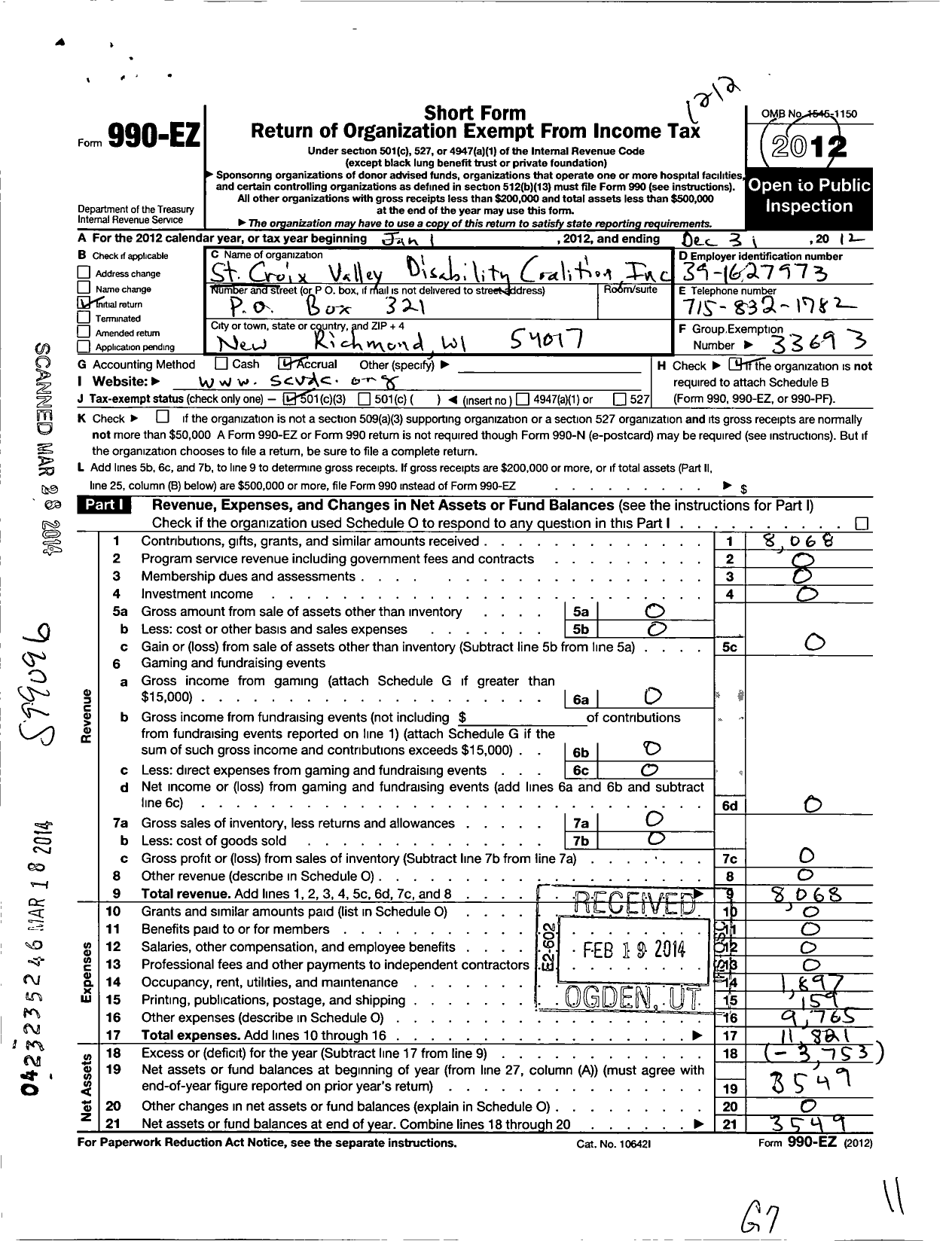 Image of first page of 2012 Form 990EZ for St Croix Disability Coalition