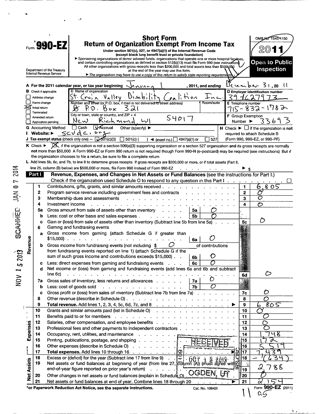 Image of first page of 2011 Form 990EZ for St Croix Disability Coalition