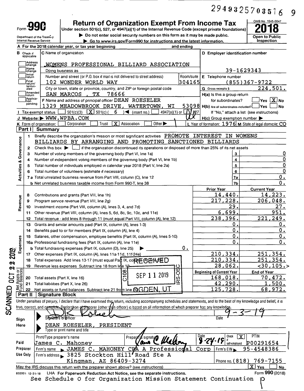 Image of first page of 2018 Form 990O for Womens Professional Billiard Association