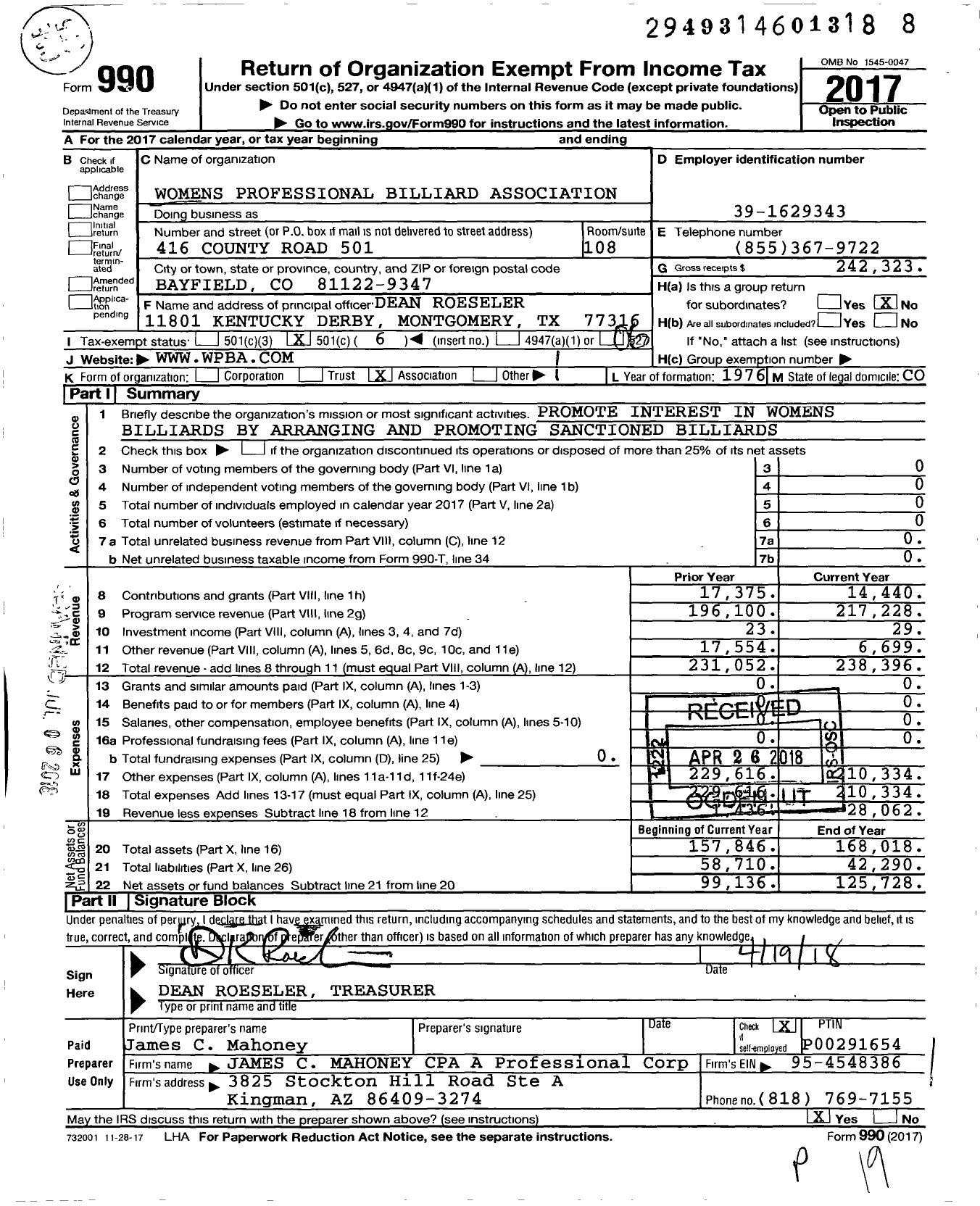 Image of first page of 2017 Form 990O for Womens Professional Billiard Association