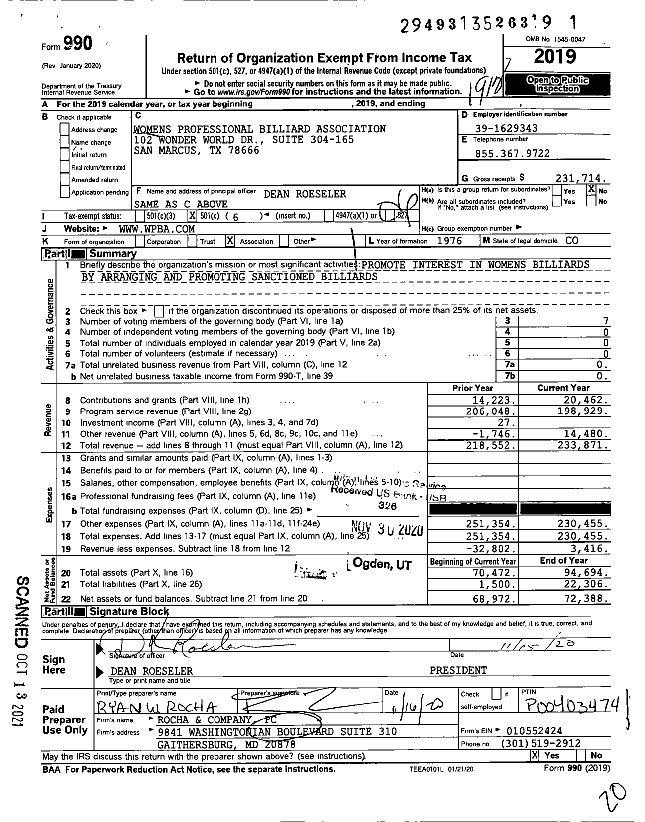 Image of first page of 2019 Form 990O for Womens Professional Billiard Association