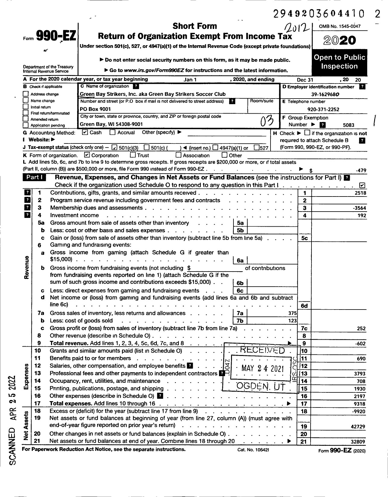 Image of first page of 2020 Form 990EZ for Green Bay Strikers Inc Green Bay Strikers Soccer Club