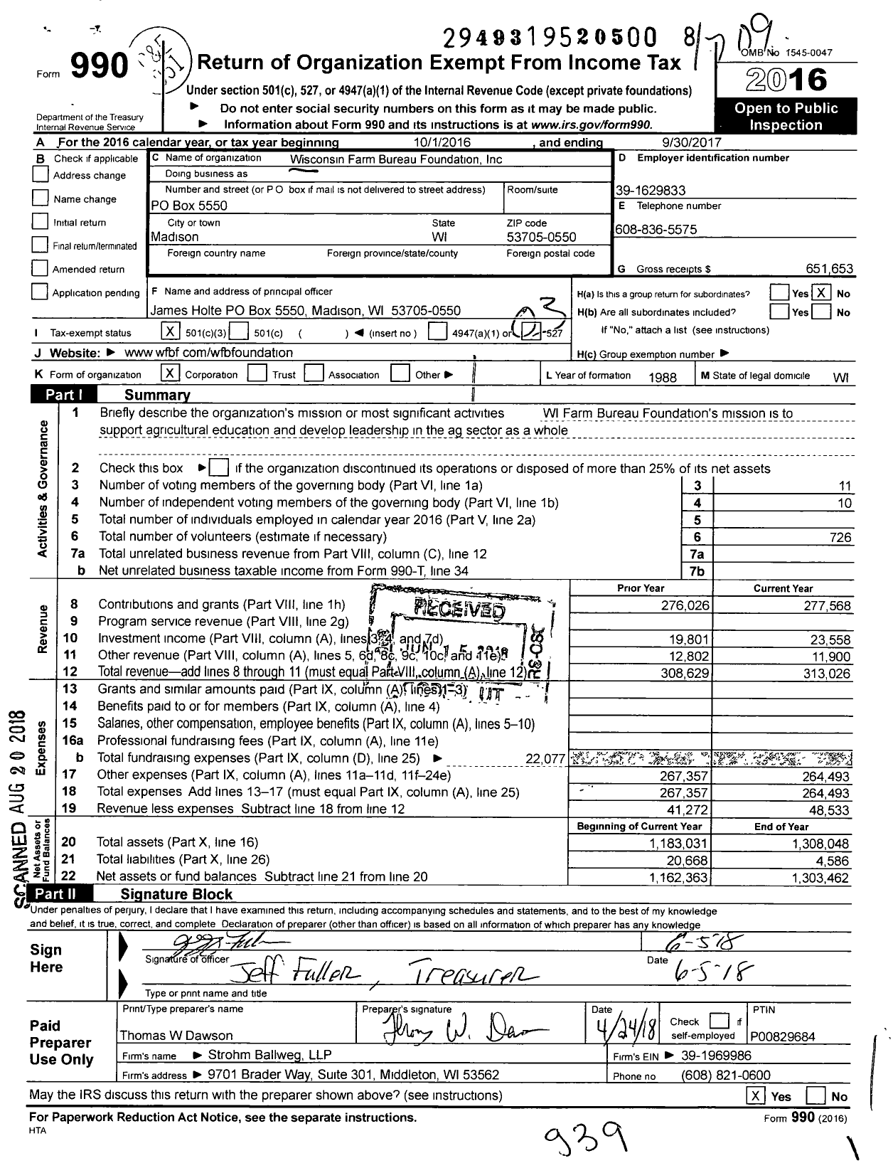 Image of first page of 2016 Form 990 for Wisconsin Farm Bureau Foundation