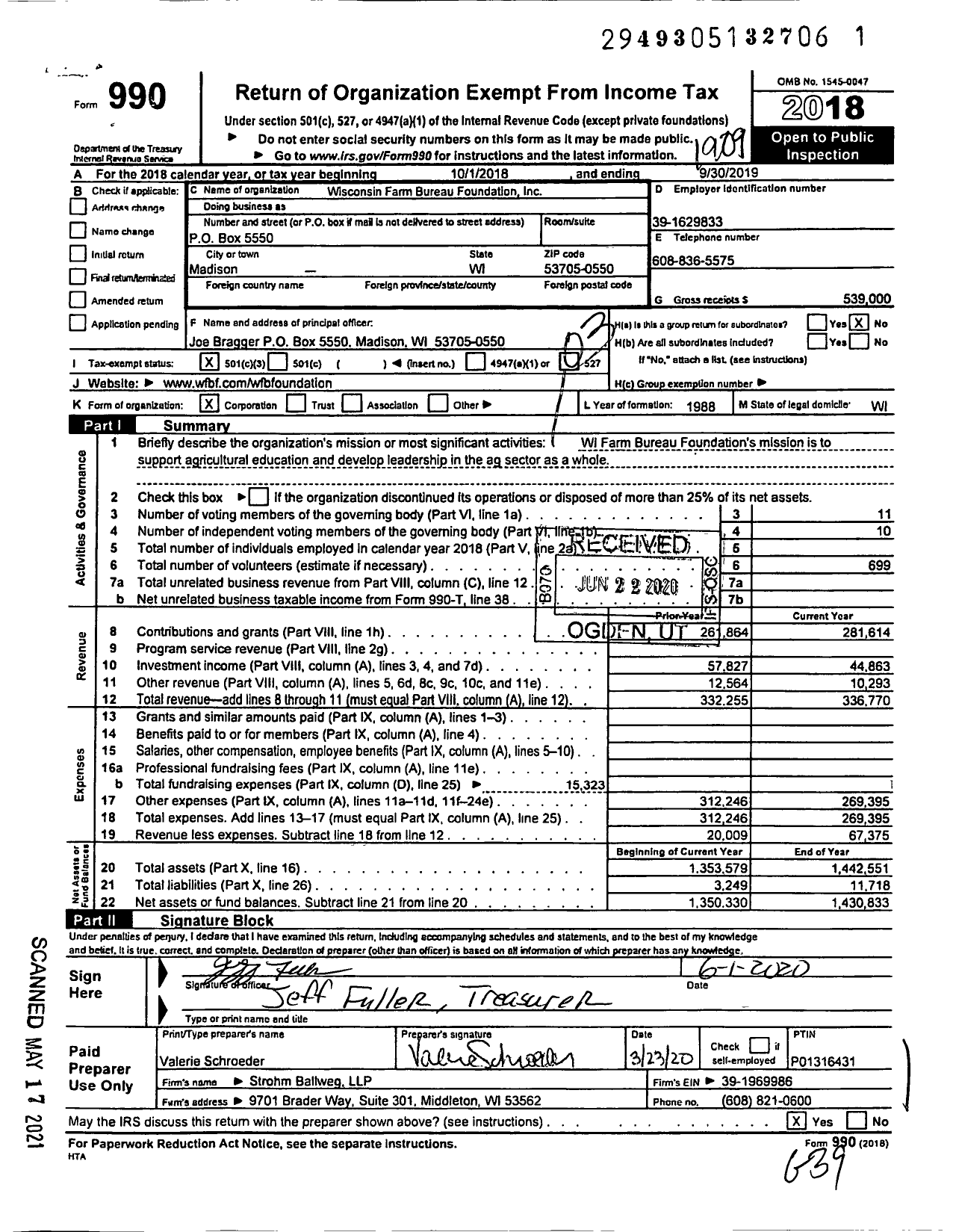 Image of first page of 2018 Form 990 for Wisconsin Farm Bureau Foundation