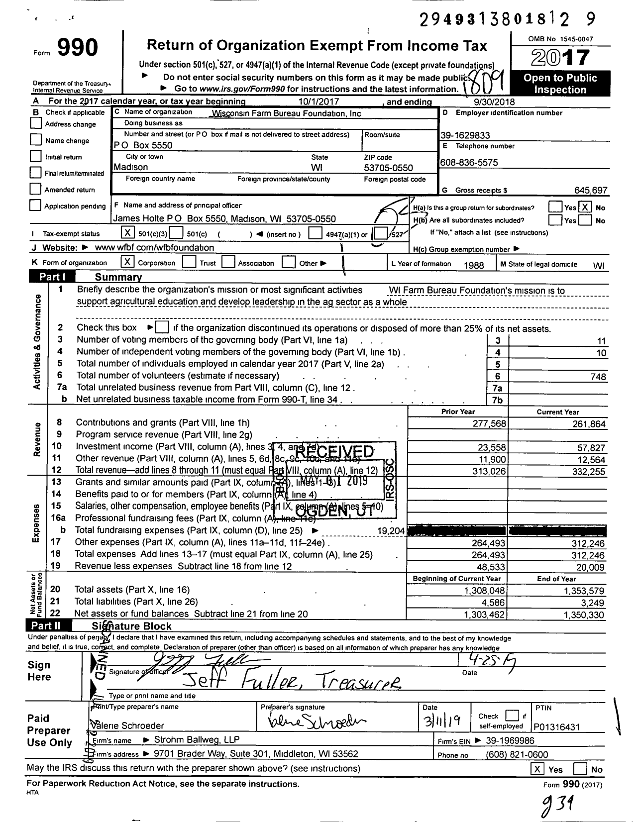 Image of first page of 2017 Form 990 for Wisconsin Farm Bureau Foundation