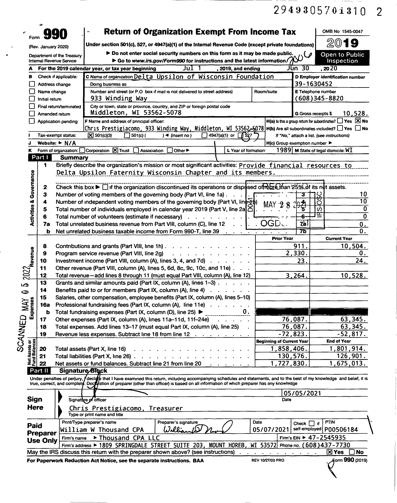 Image of first page of 2019 Form 990 for Delta Upsilon of Wisconsin Foundation