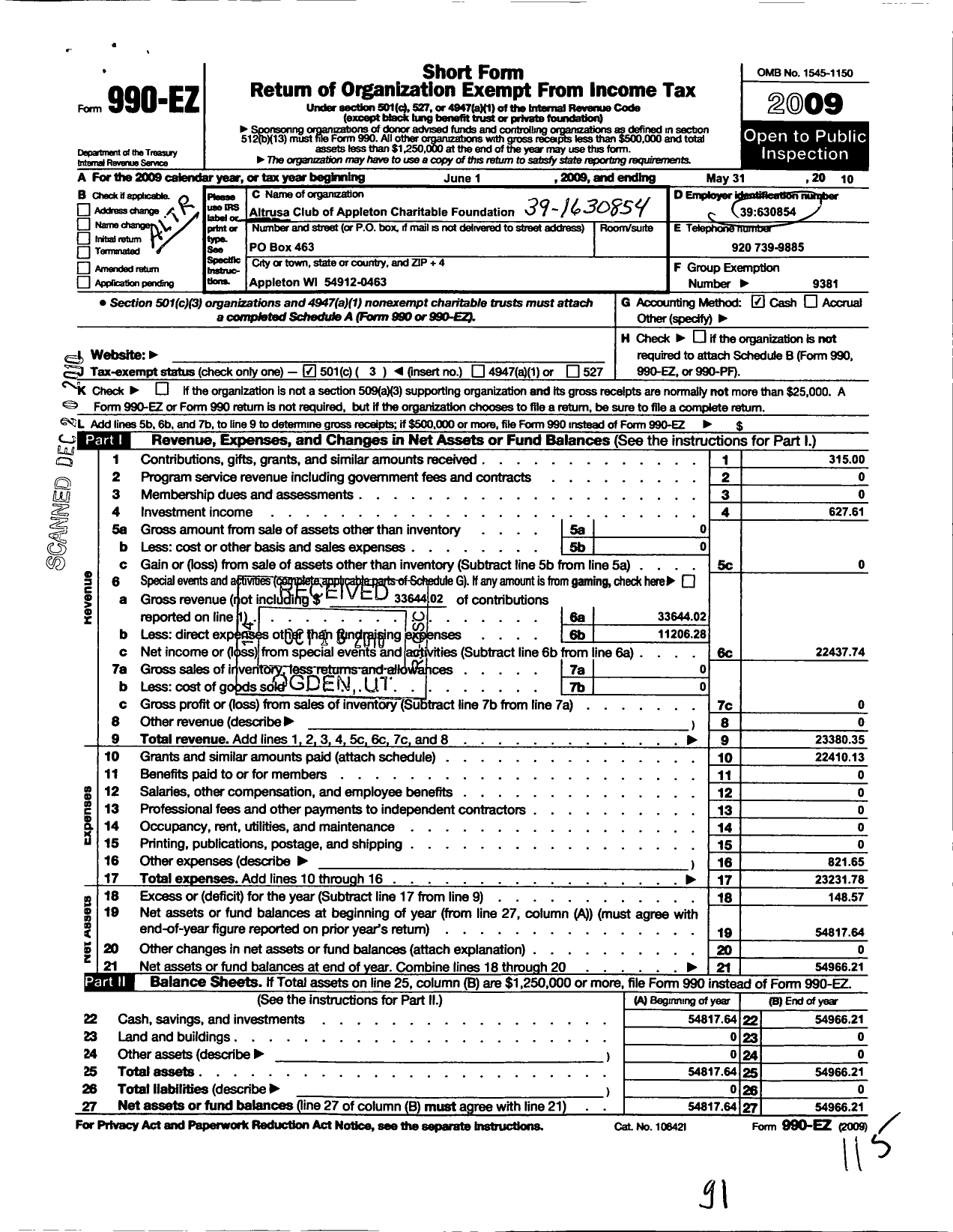 Image of first page of 2009 Form 990EZ for Altrusa International Foundation / Appleton Wi