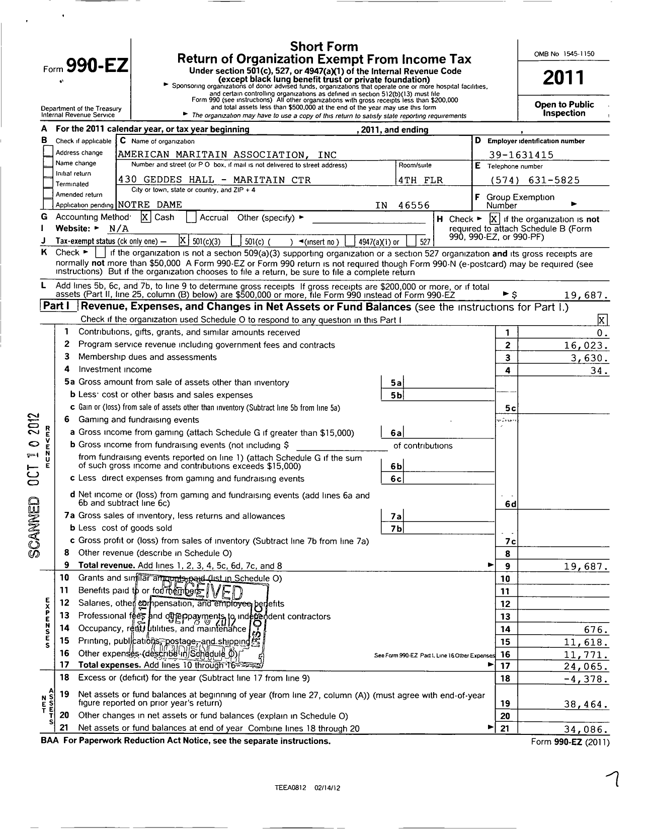 Image of first page of 2011 Form 990EZ for American Maritain Association