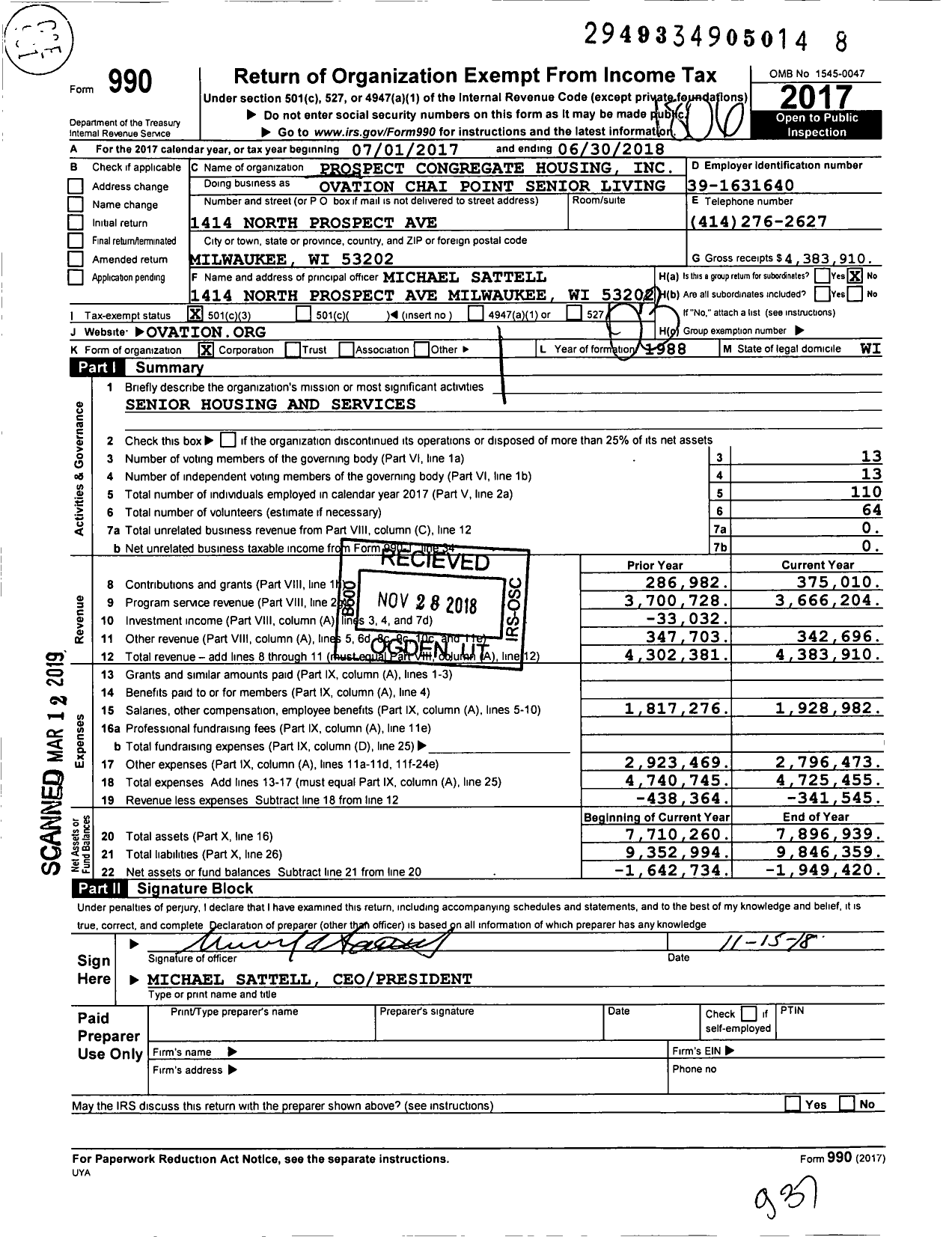 Image of first page of 2017 Form 990 for Ovation Chai Point Senior Living