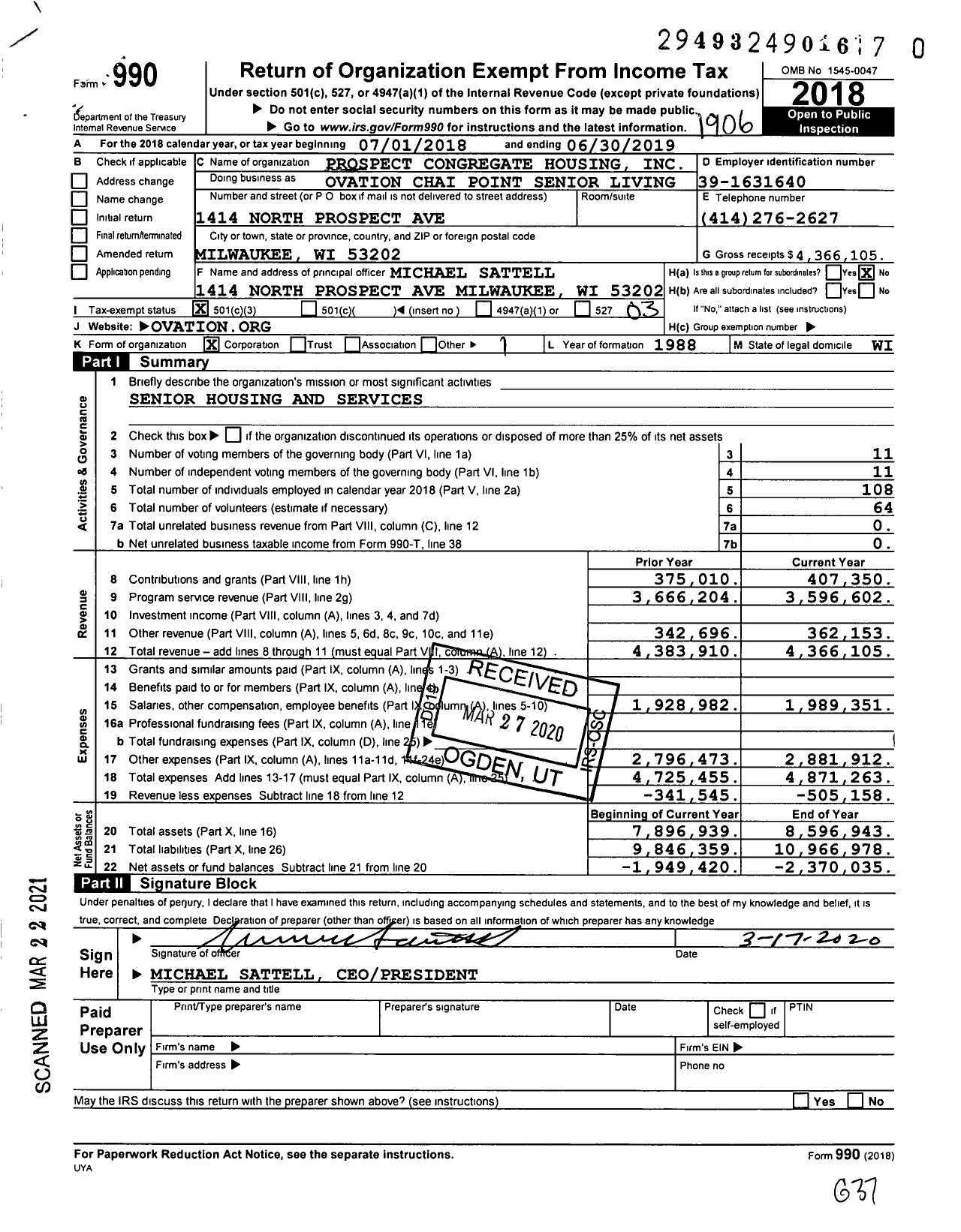 Image of first page of 2018 Form 990 for Ovation Chai Point Senior Living
