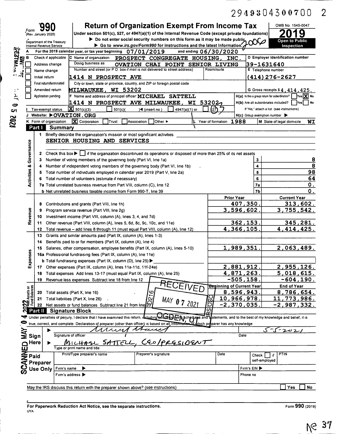 Image of first page of 2019 Form 990 for Ovation Chai Point Senior Living