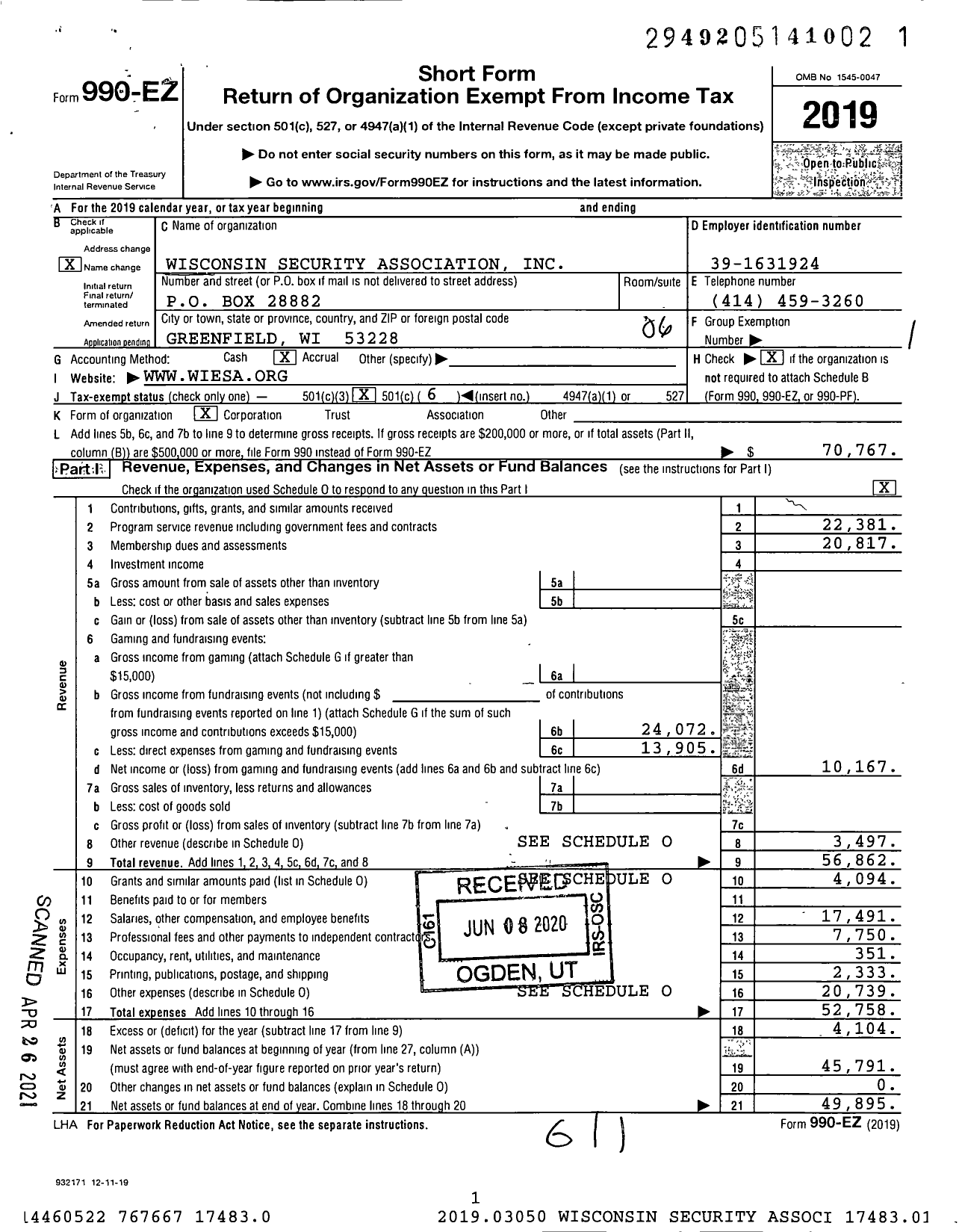 Image of first page of 2019 Form 990EO for WISCONSIN SECURITY Association