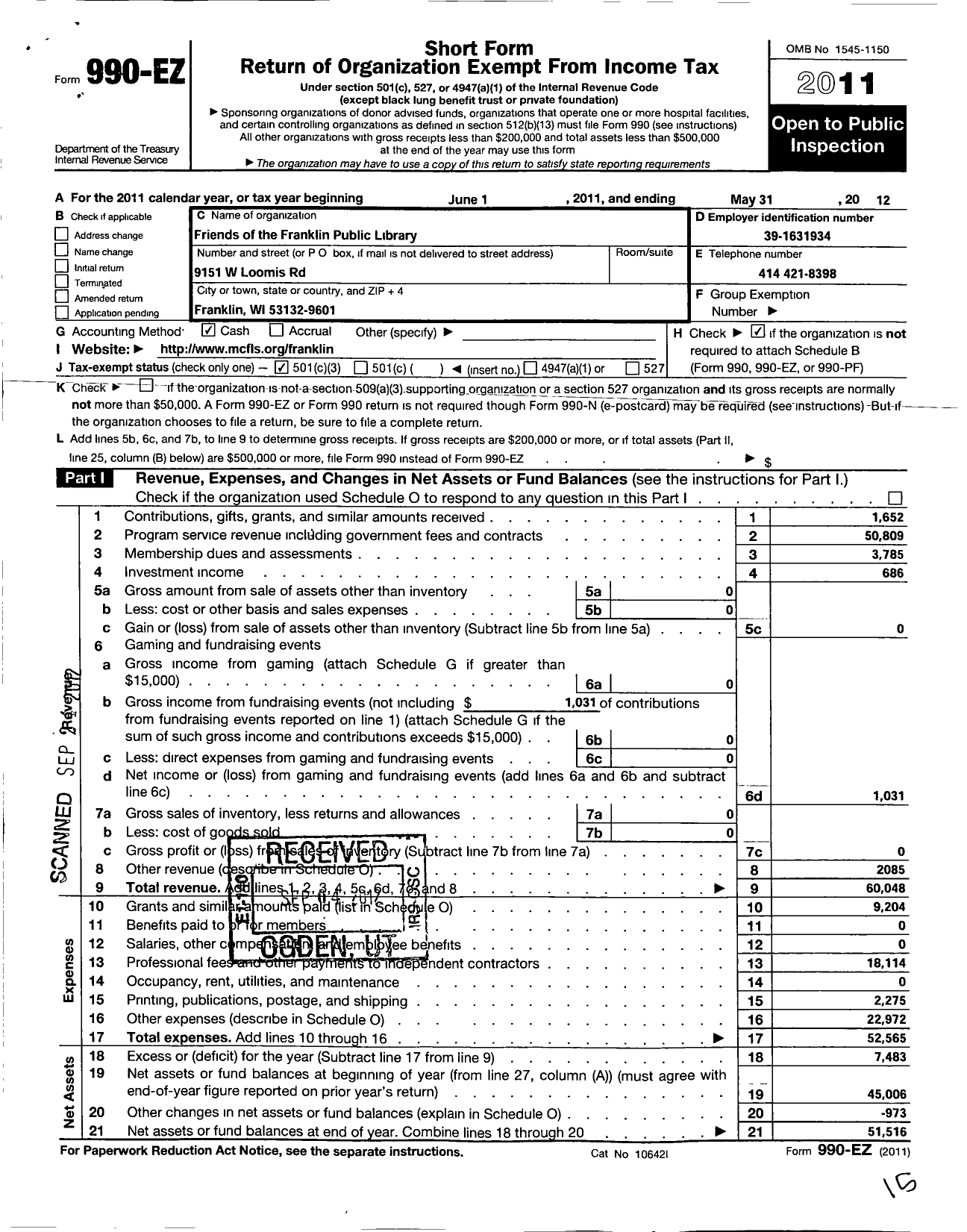 Image of first page of 2011 Form 990EZ for Friends of the Franklin Public Library