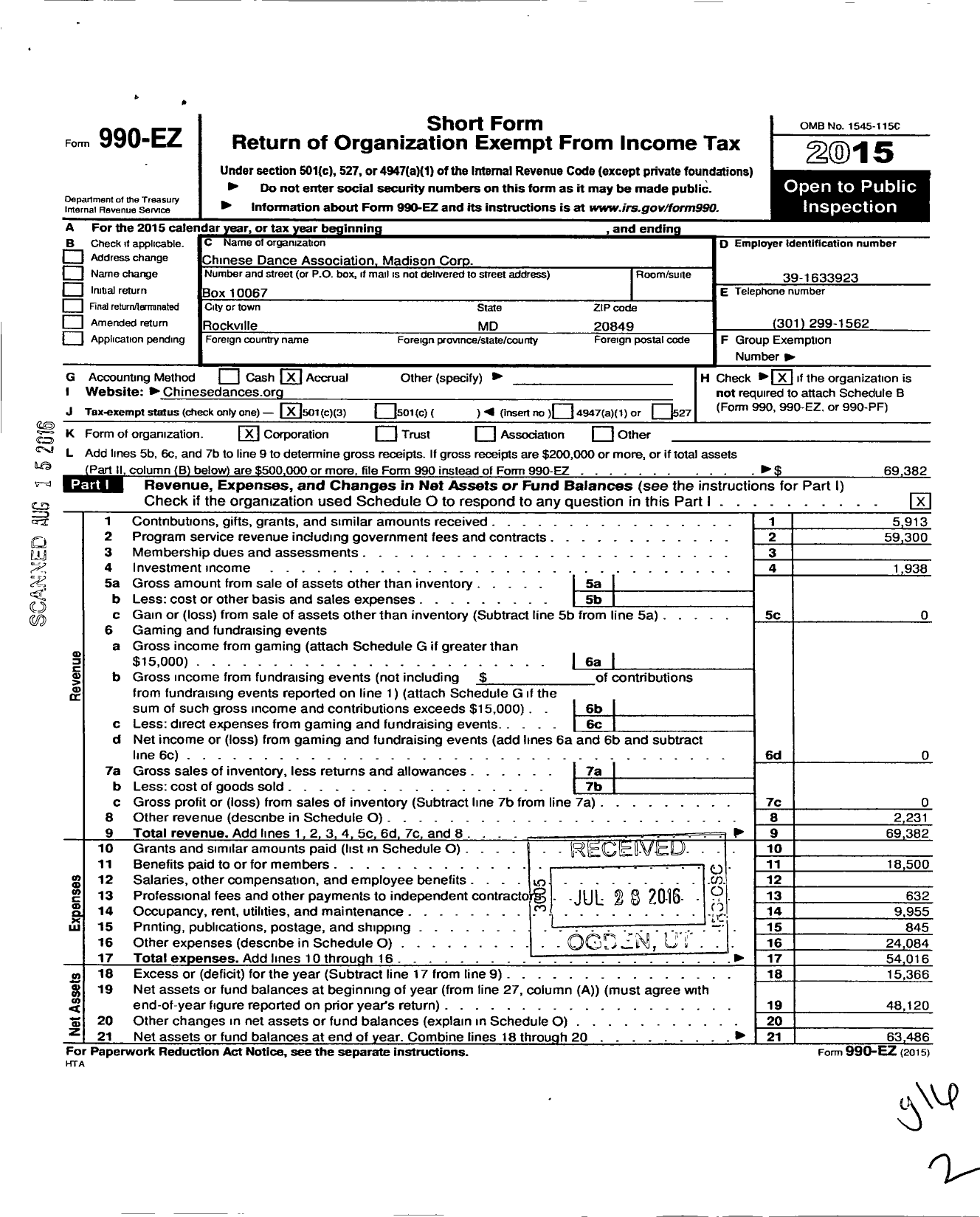 Image of first page of 2015 Form 990EZ for Chinese Dance Association Madison Corporation