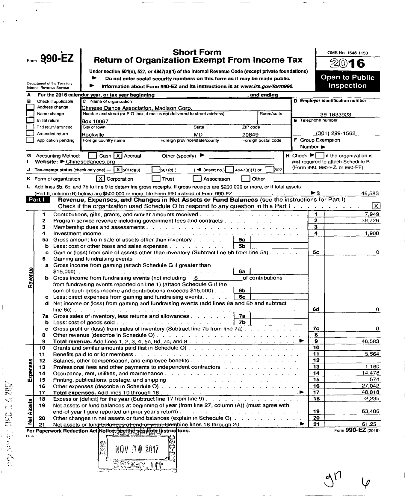 Image of first page of 2016 Form 990EZ for Chinese Dance Association Madison Corporation